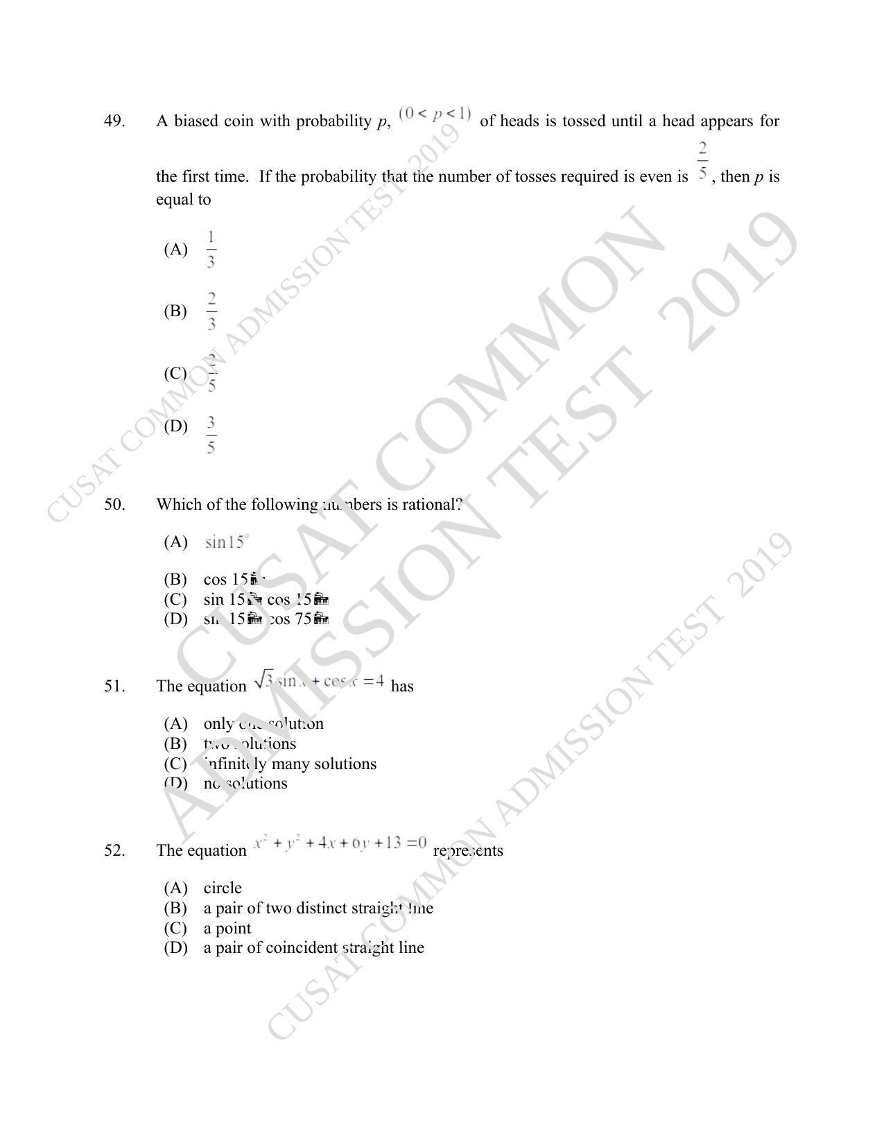CUSAT CAT 2019 Msc Maths Question Paper With Answer Key - Page 15