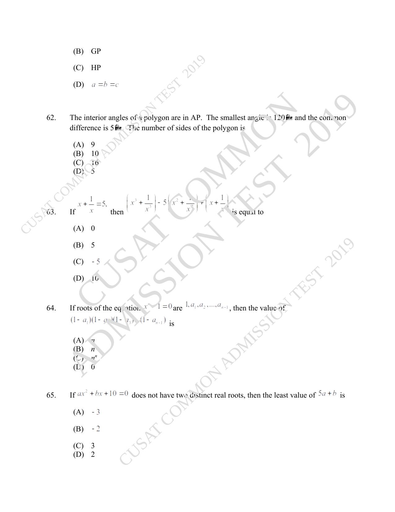 CUSAT CAT 2019 Msc Maths Question Paper With Answer Key - Page 19