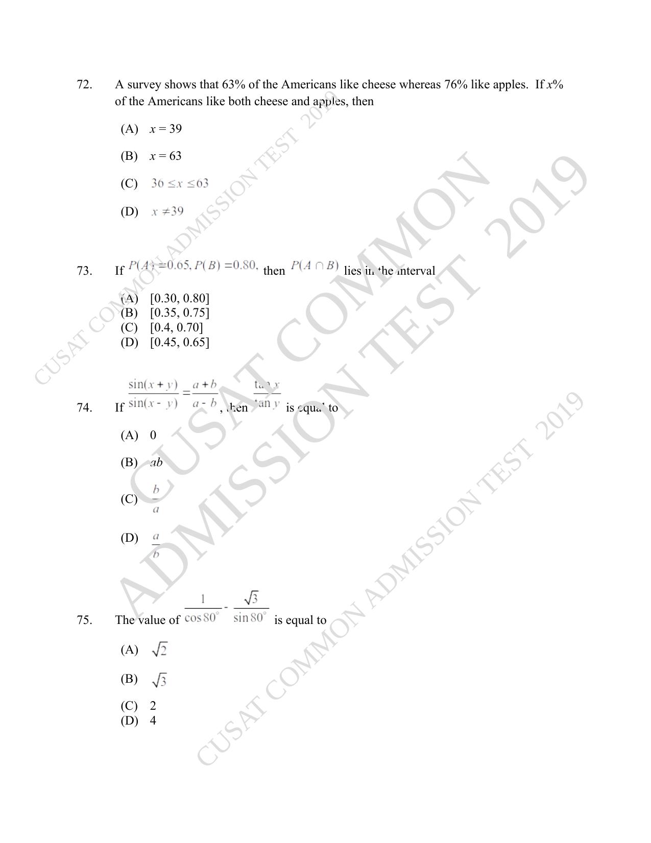 CUSAT CAT 2019 Msc Maths Question Paper With Answer Key - Page 23