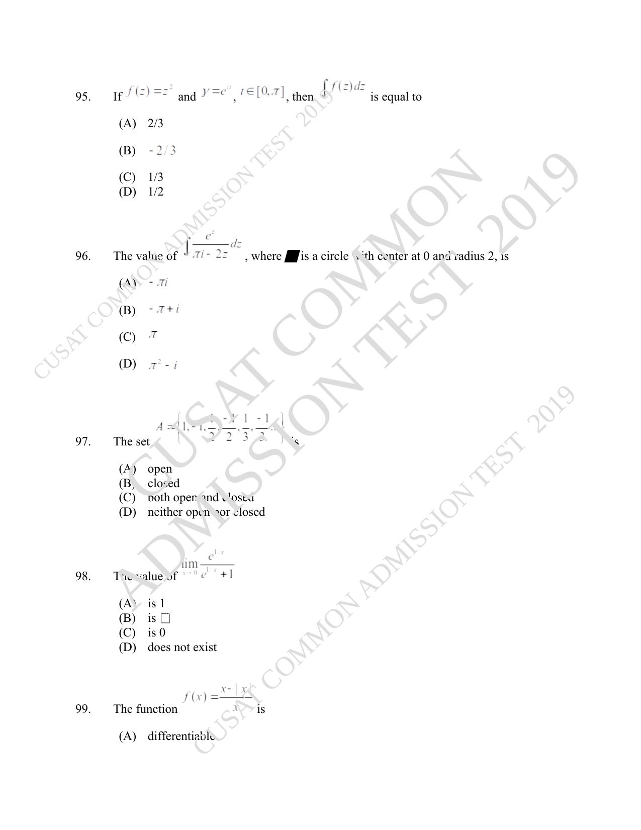 CUSAT CAT 2019 Msc Maths Question Paper With Answer Key - Page 33