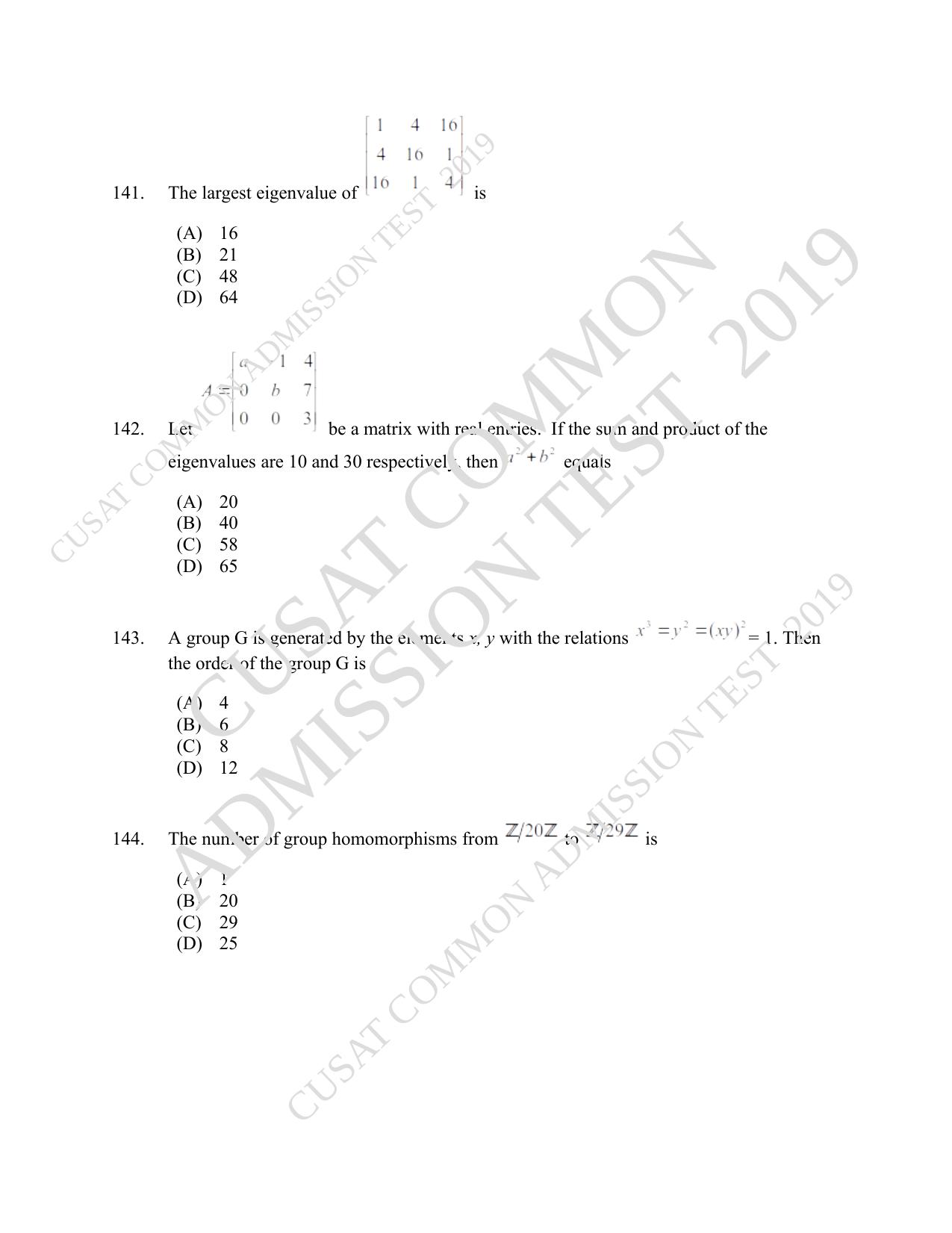 CUSAT CAT 2019 Msc Maths Question Paper With Answer Key - Page 51