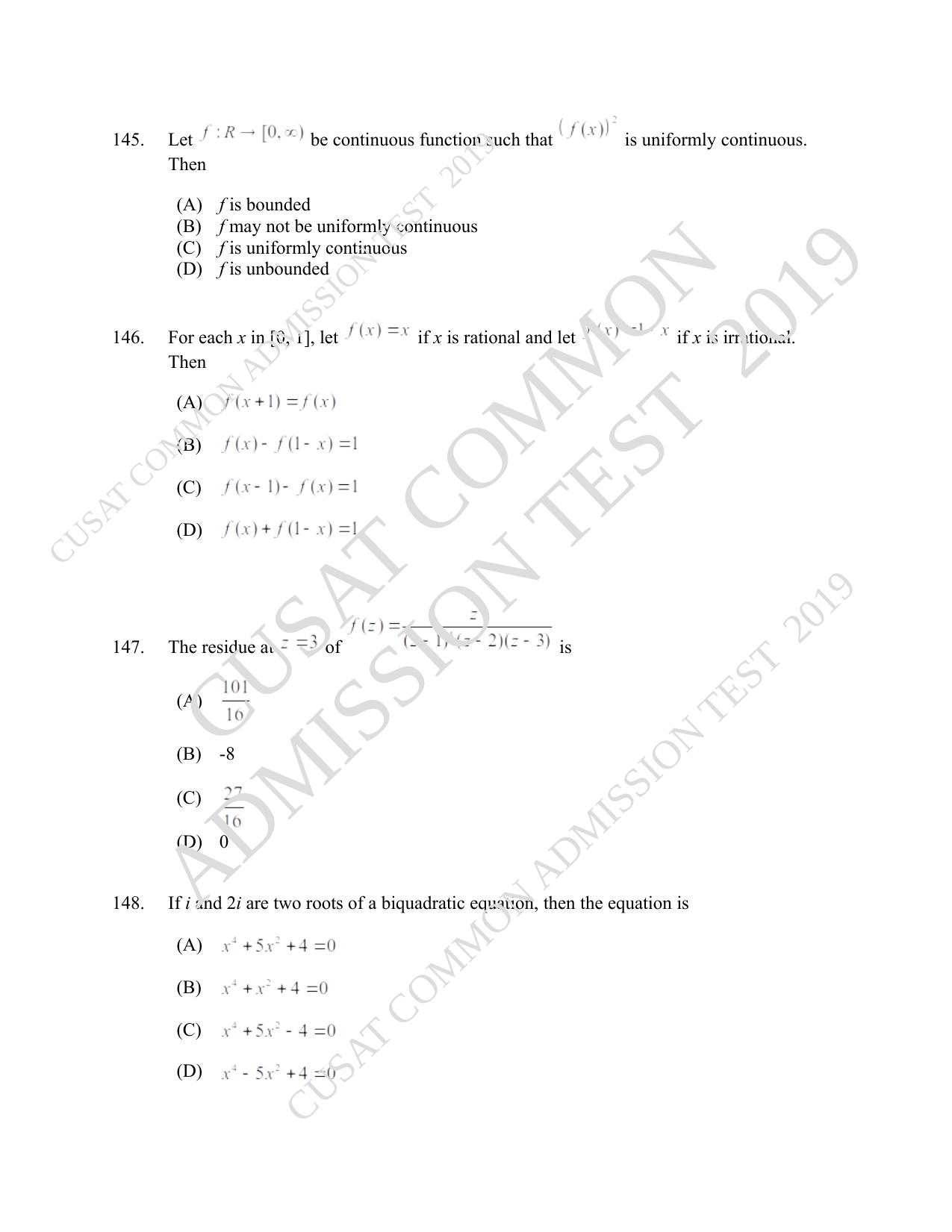CUSAT CAT 2019 Msc Maths Question Paper With Answer Key - Page 52