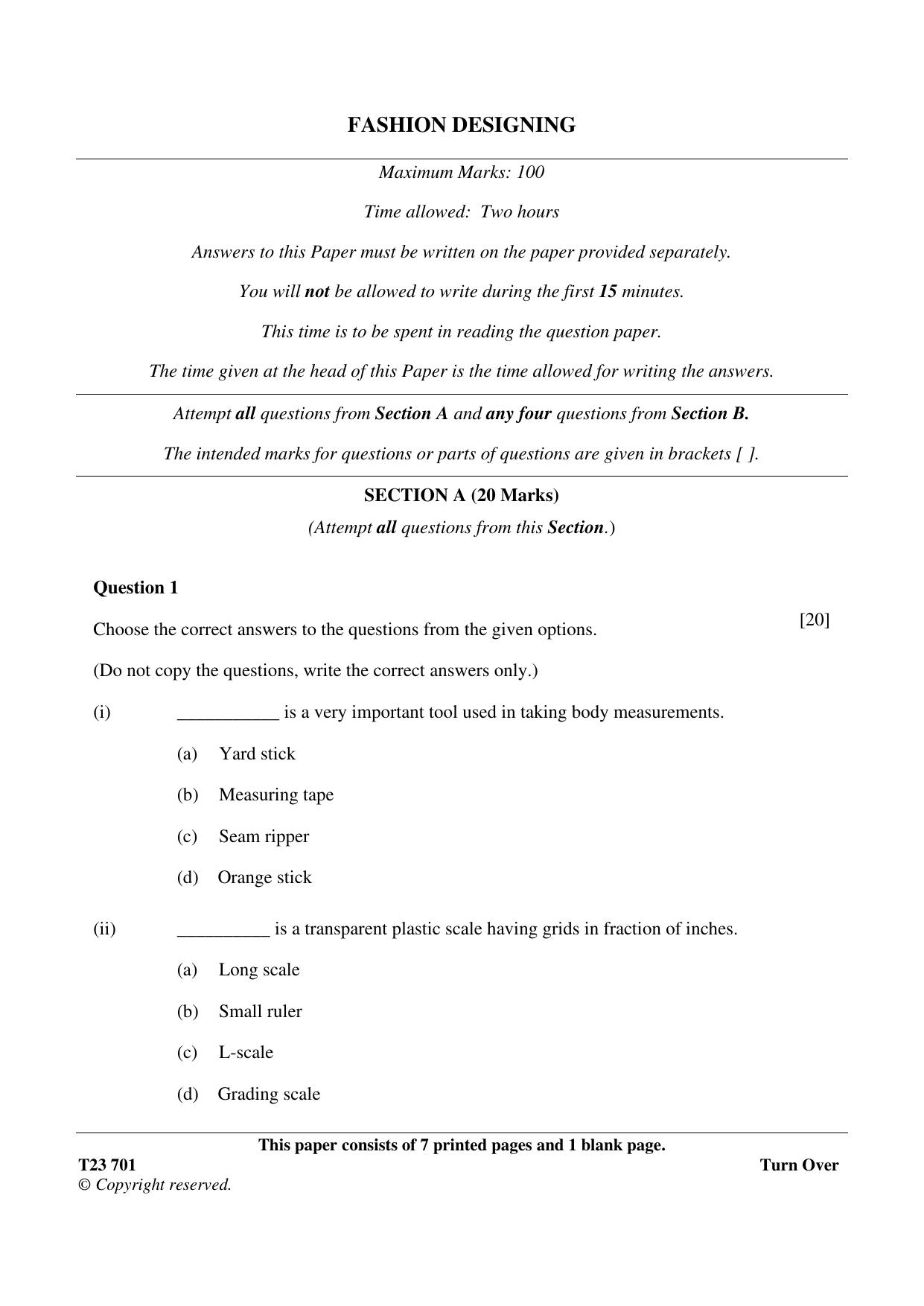 ICSE Class 10 FASHION DESIGNING 2023 Question Paper - Page 1