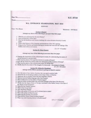 SSUS Entrance Exam HISTORY 2018 Question Paper