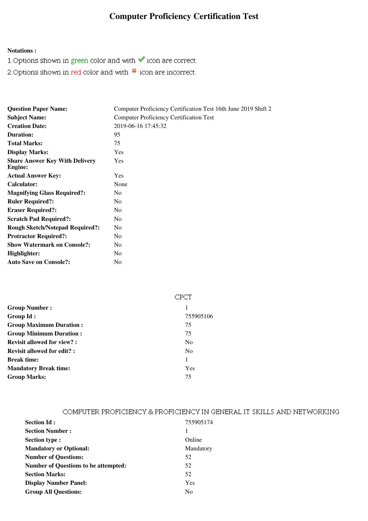 MP CPCT 16th June 2019 CPCT Question Paper Shift 2 - Page 1