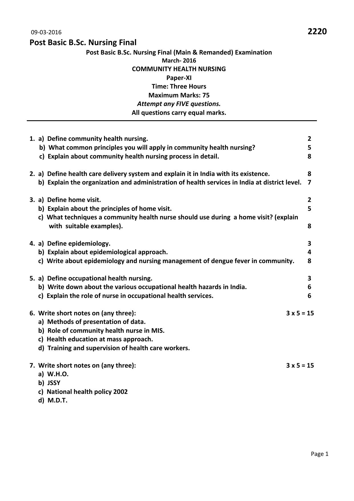 RUHS Post Basic B.Sc Nursing (Final) 2016 Question Paper - Page 1