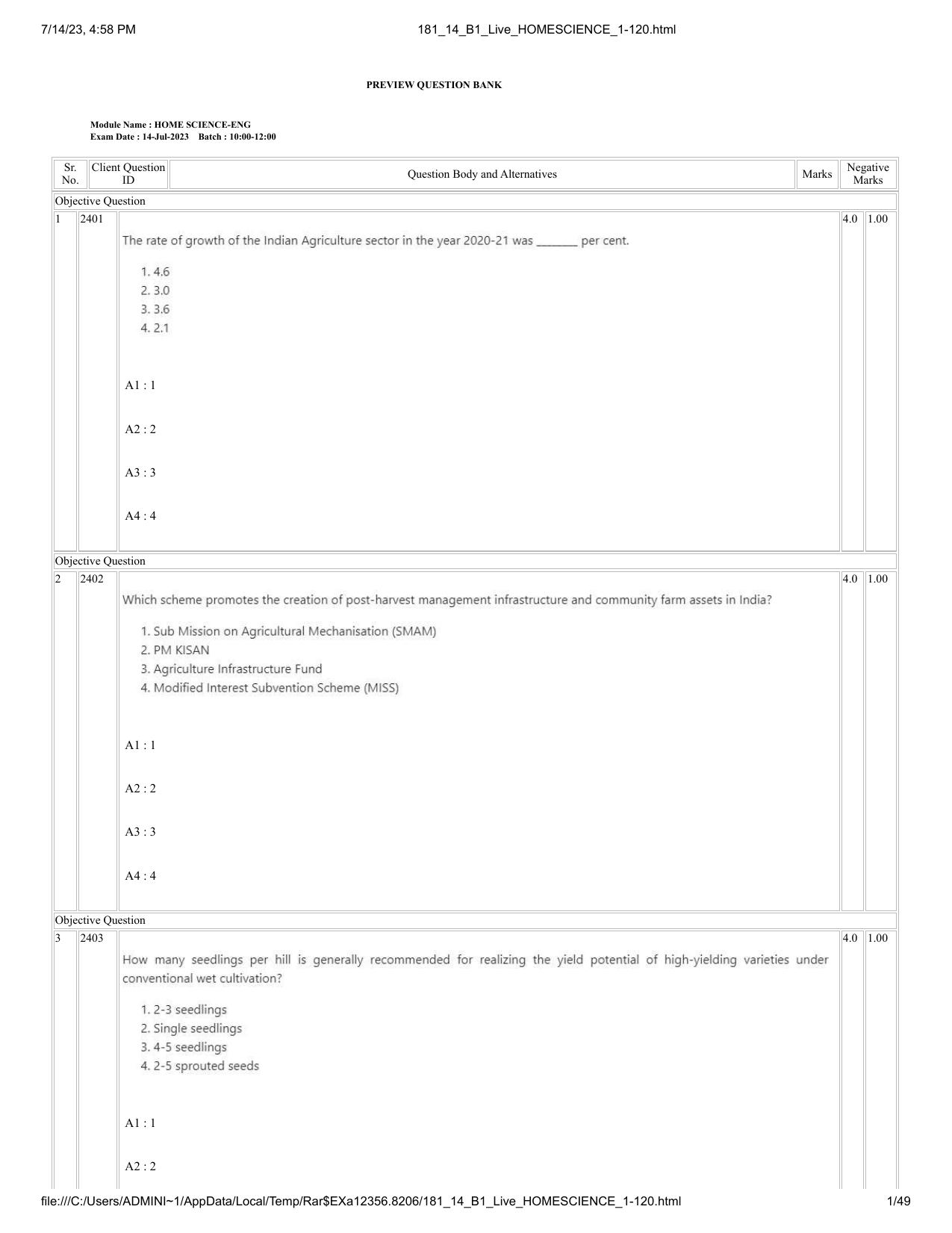ICAR AIEEA PG 2023 HOME SCIENCE Question Paper- 14 July 2023 - Page 1