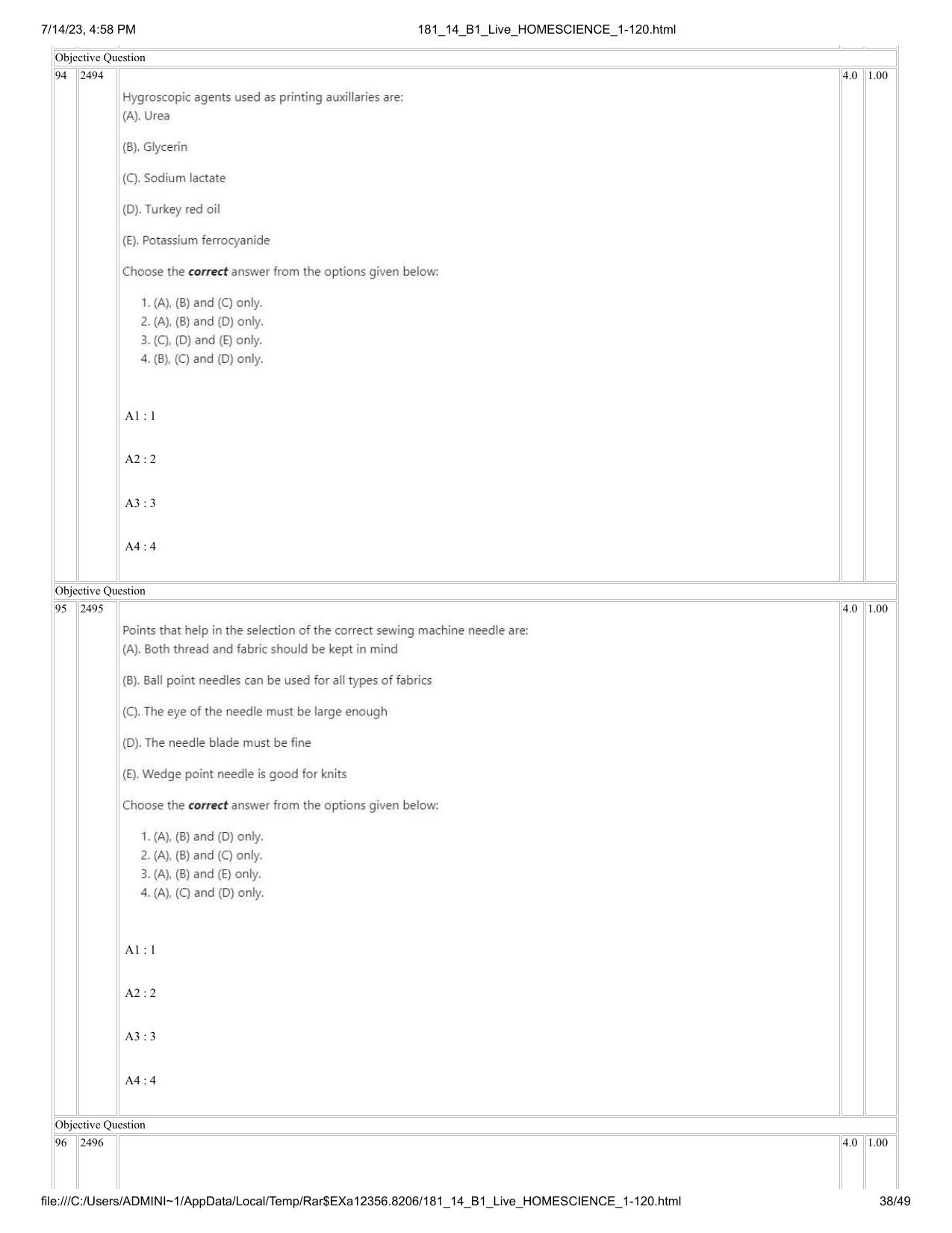 ICAR AIEEA PG 2023 HOME SCIENCE Question Paper- 14 July 2023 - Page 38