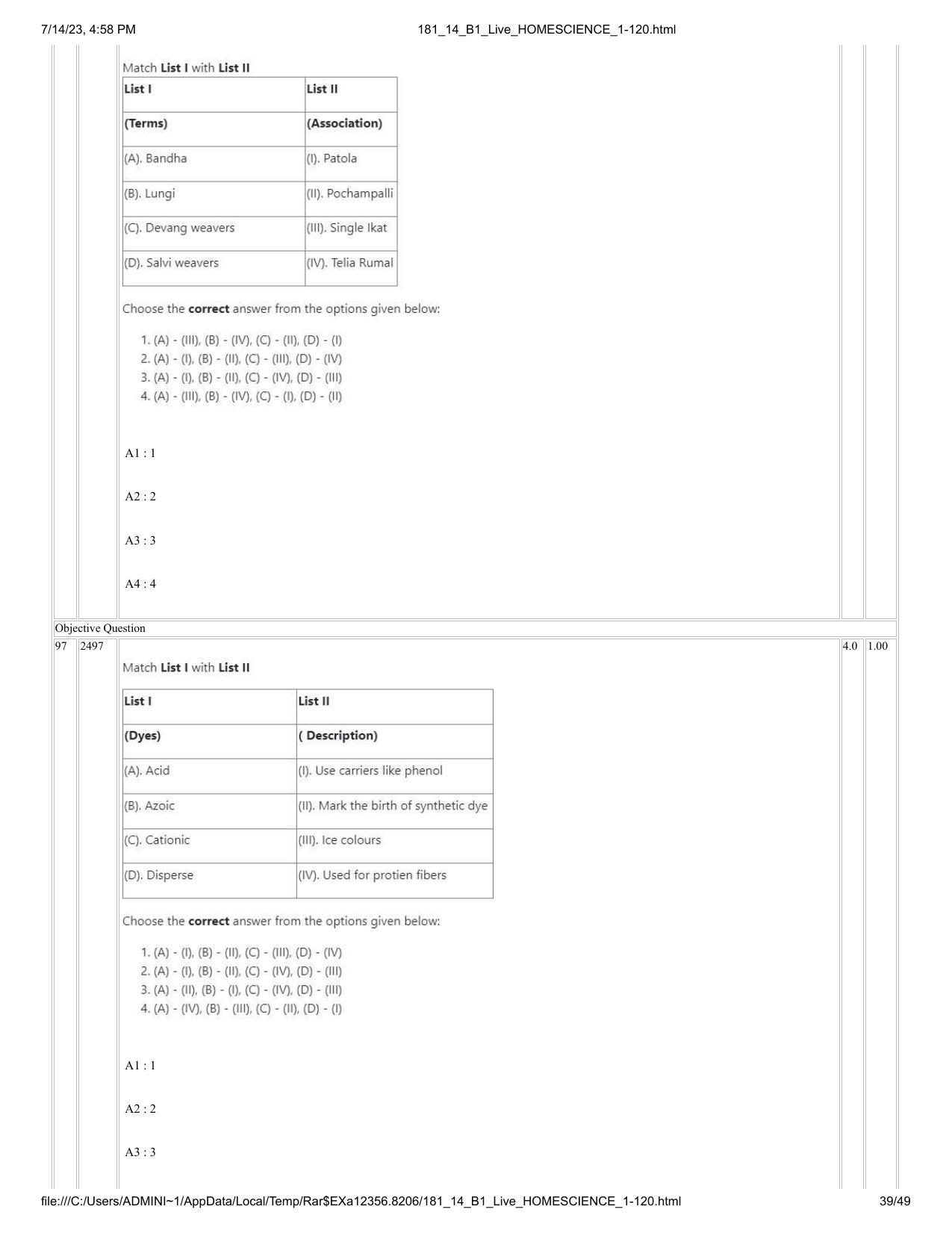 ICAR AIEEA PG 2023 HOME SCIENCE Question Paper- 14 July 2023 - Page 39