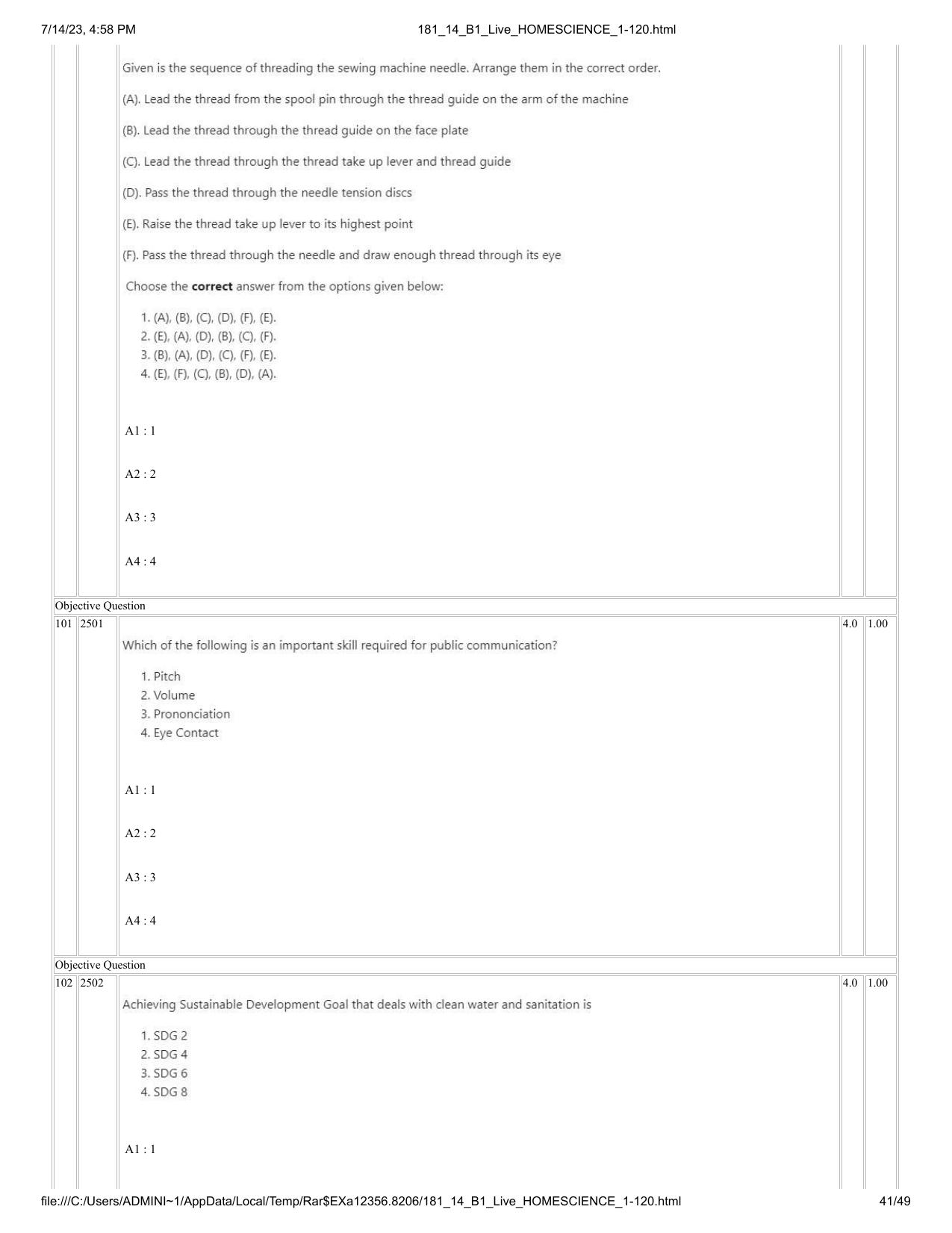 ICAR AIEEA PG 2023 HOME SCIENCE Question Paper- 14 July 2023 - Page 41