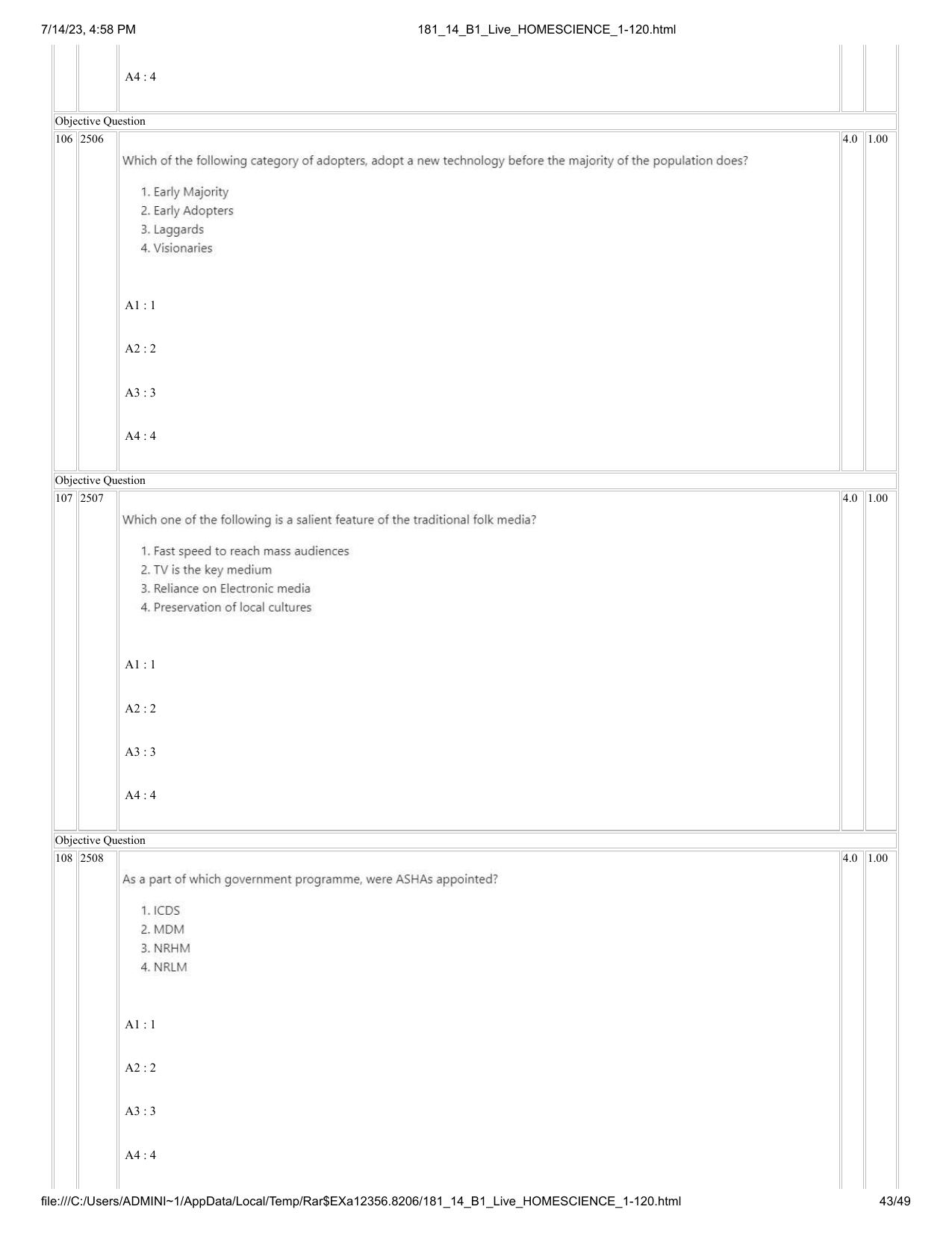 ICAR AIEEA PG 2023 HOME SCIENCE Question Paper- 14 July 2023 - Page 43