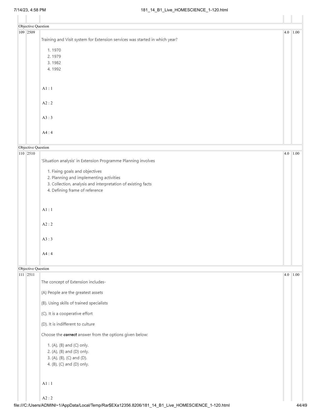 ICAR AIEEA PG 2023 HOME SCIENCE Question Paper- 14 July 2023 - Page 44