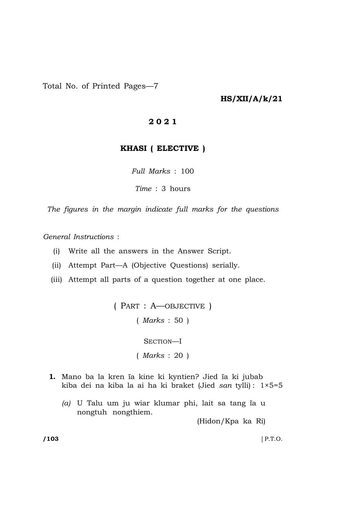 Meghalaya Board (MBOSE) Class 12 KHASI (HS-XII-A-k-21) 2021 Question Paper - Page 1