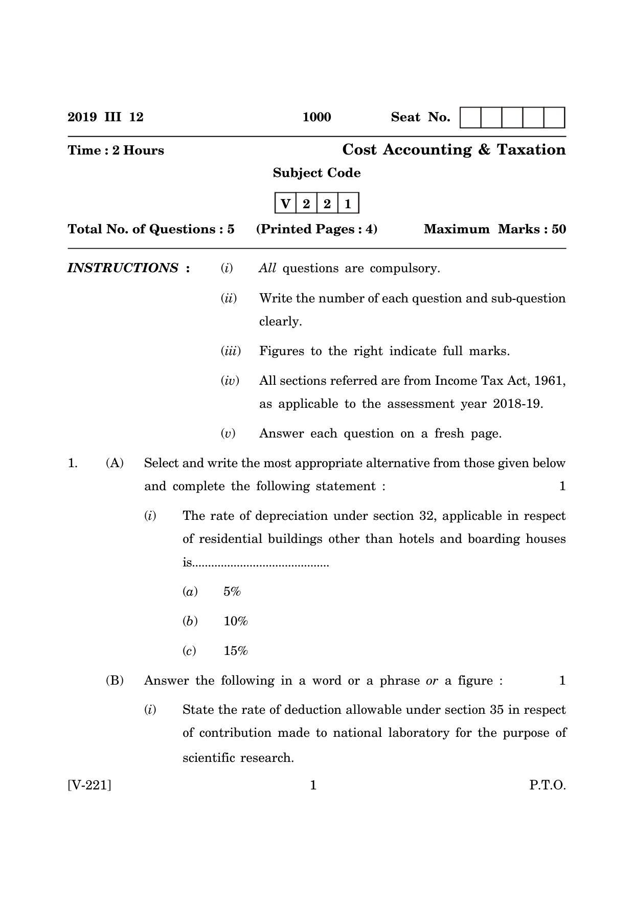 Goa Board Class 12 Cost Accounting & Taxation  2019 (March 2019) Question Paper - Page 1