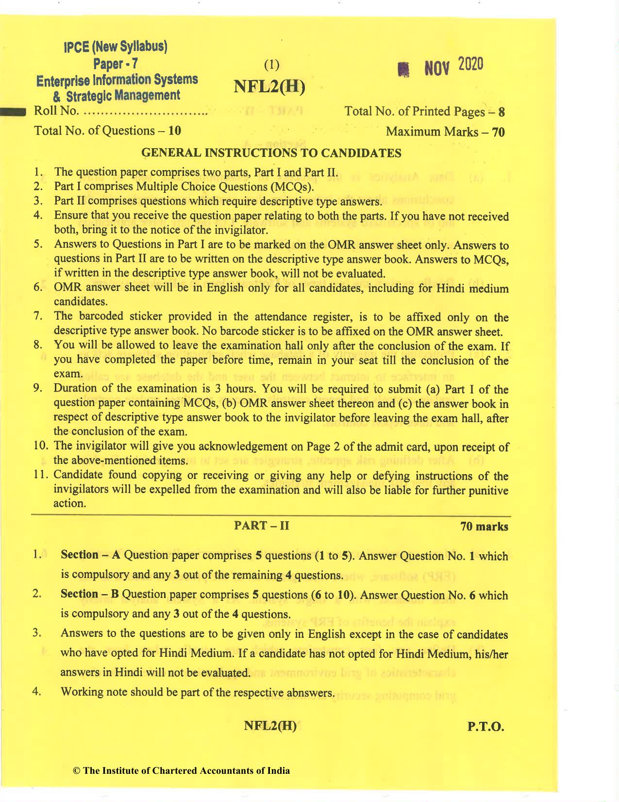 CA Inter Nov 2020 Question Paper - Paper 7 – Enterprise Information Systems & Strategic Management - Page 1