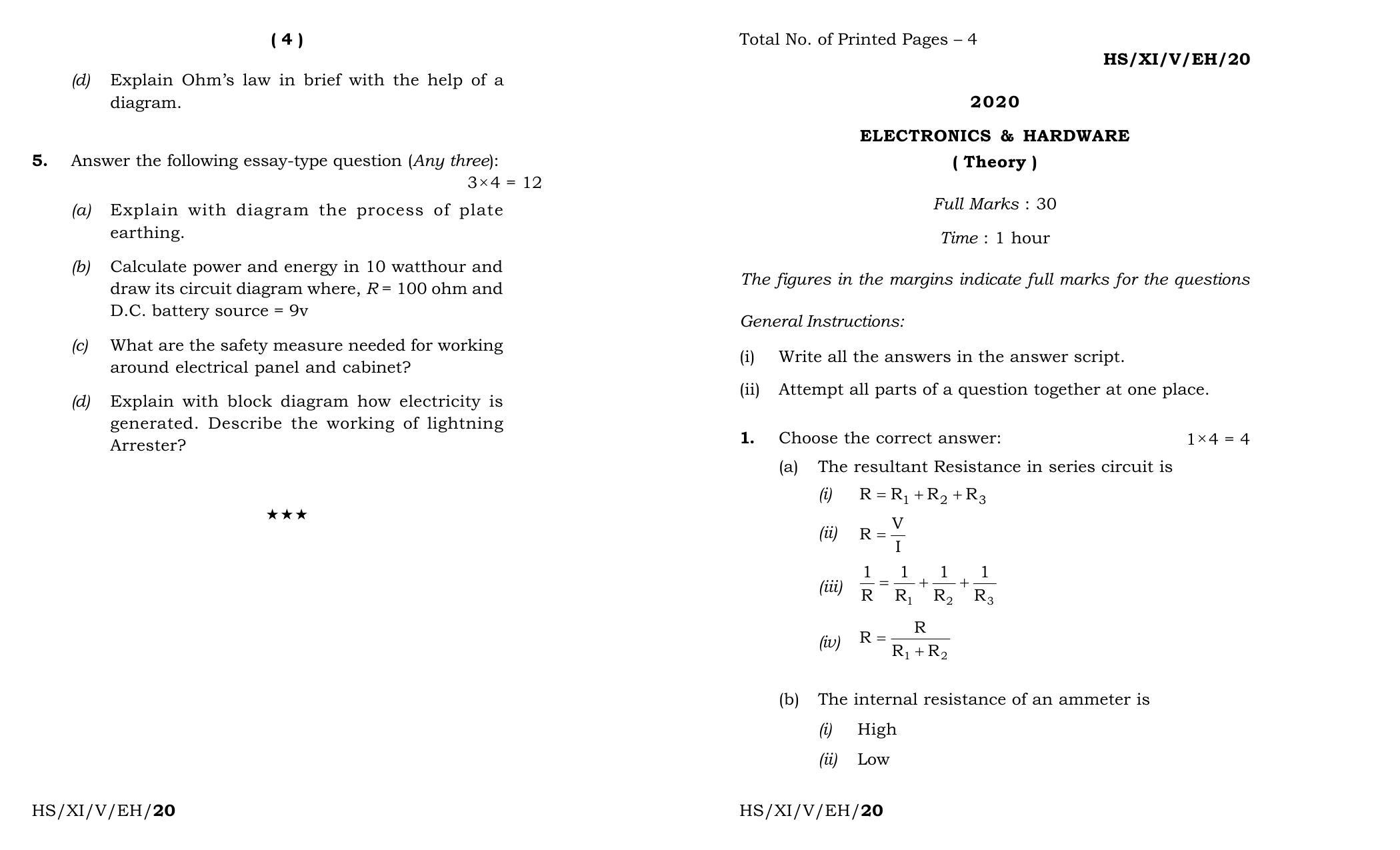 Meghalaya Board (MBOSE) Class 11 Electronics & Hardware 2020 Question Paper - Page 1