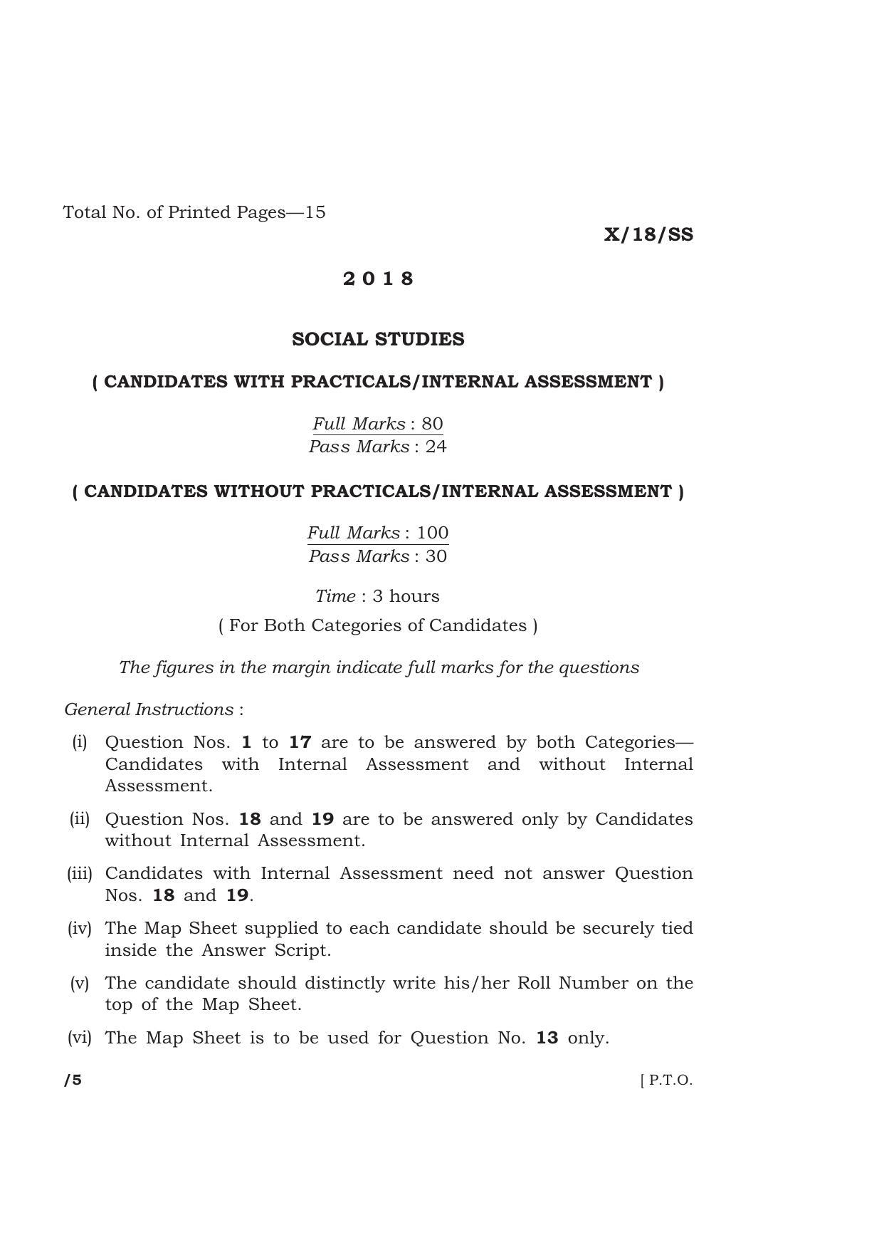 Meghalaya Board (MBOSE) Class 10 SOCIAL STUDIES 2018 Question Paper - Page 1