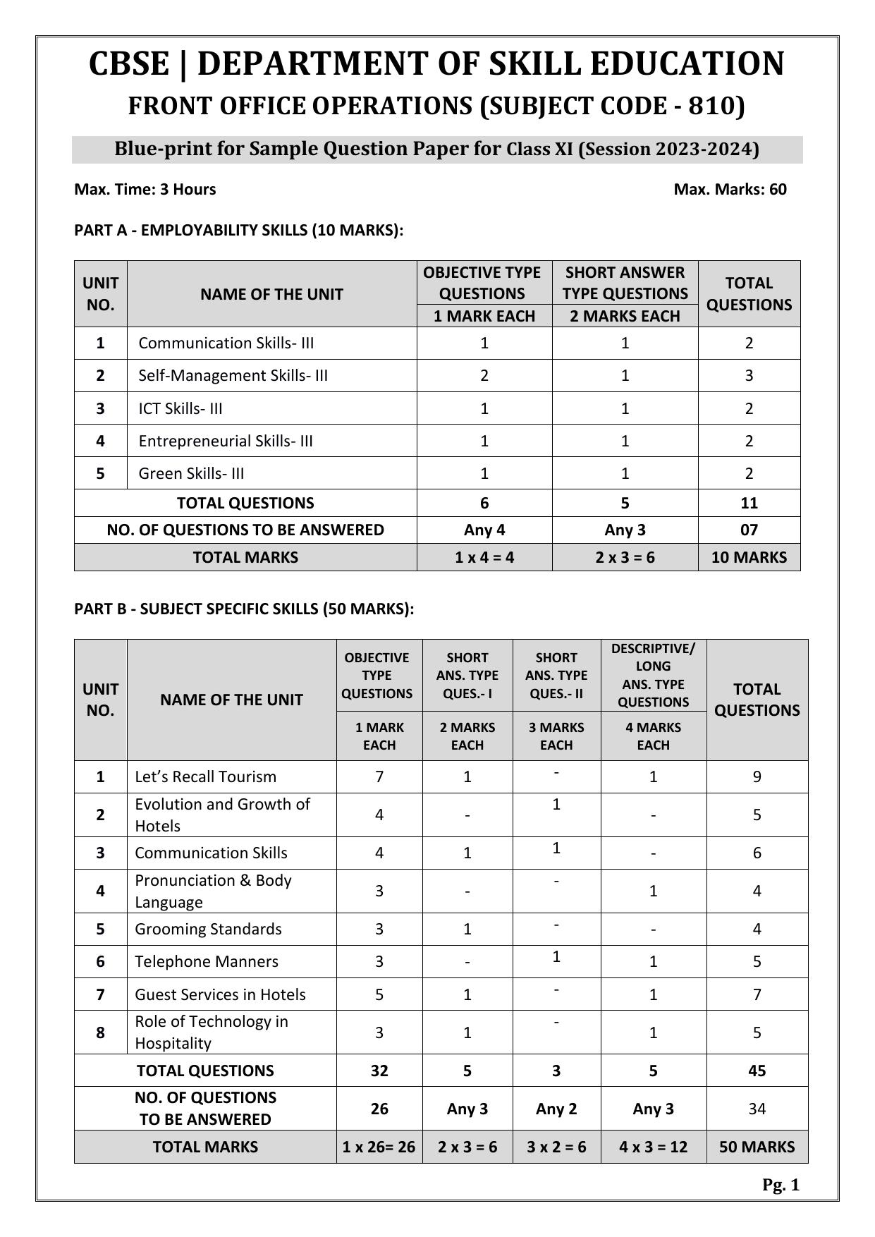 CBSE Class 11: Front Office Operations 2024 Sample Paper - Page 1