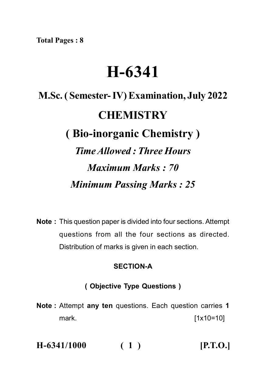 Sarguja University Question Paper July-2022 : M.Sc. Chemistry (Fourth sem.) Bio- Inorganic Chemistry Paper 1 - Page 1