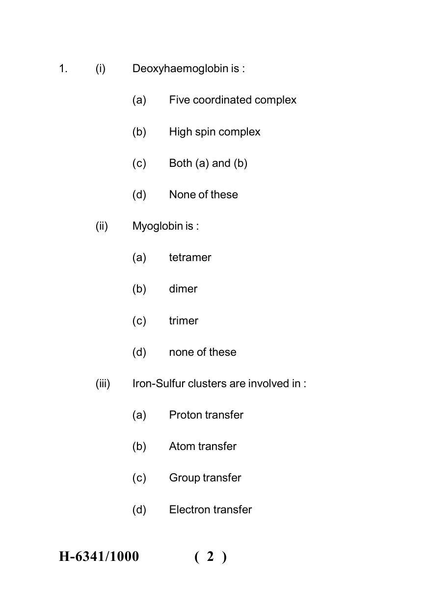 Sarguja University Question Paper July-2022 : M.Sc. Chemistry (Fourth sem.) Bio- Inorganic Chemistry Paper 1 - Page 2