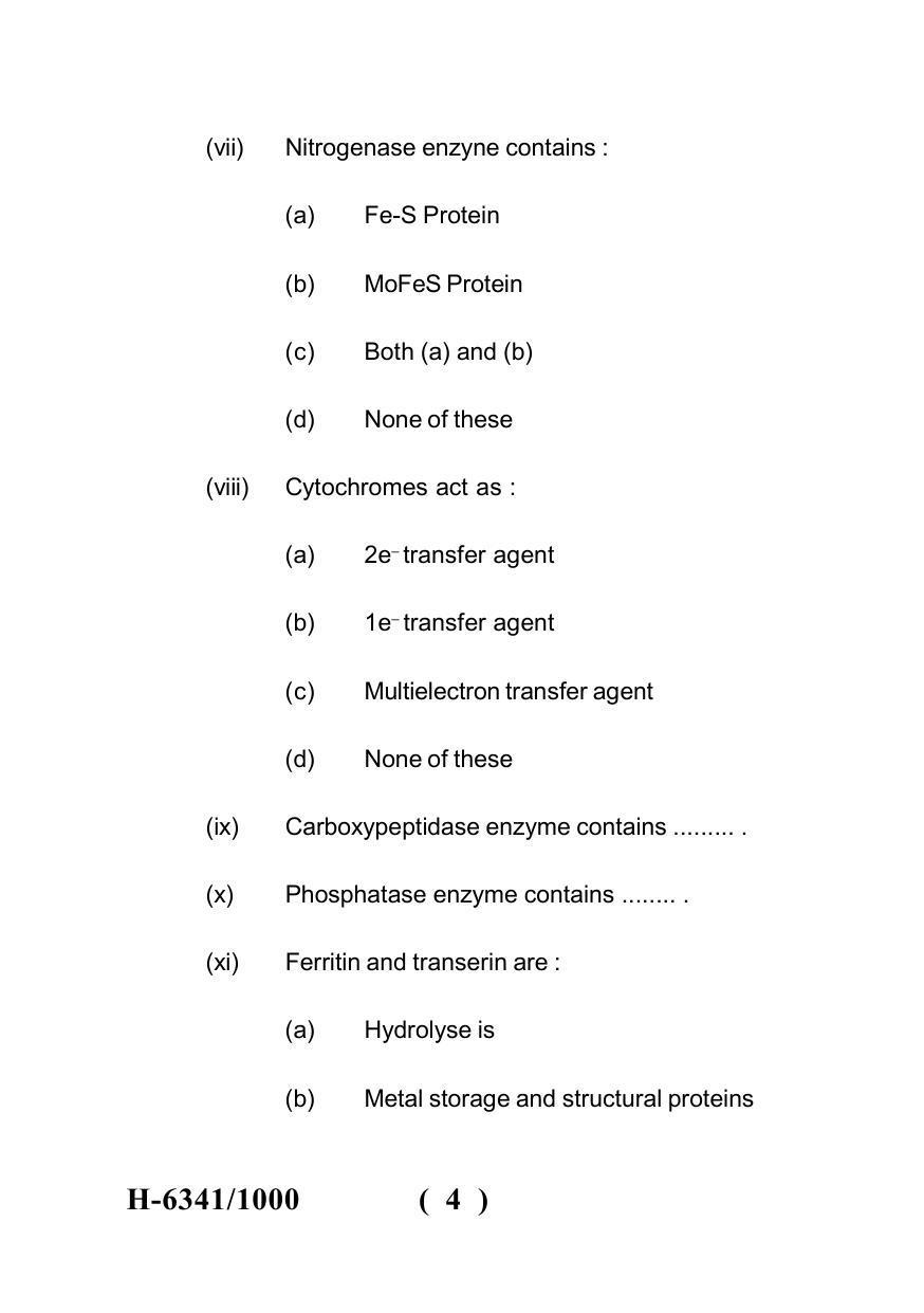 Sarguja University Question Paper July-2022 : M.Sc. Chemistry (Fourth sem.) Bio- Inorganic Chemistry Paper 1 - Page 4