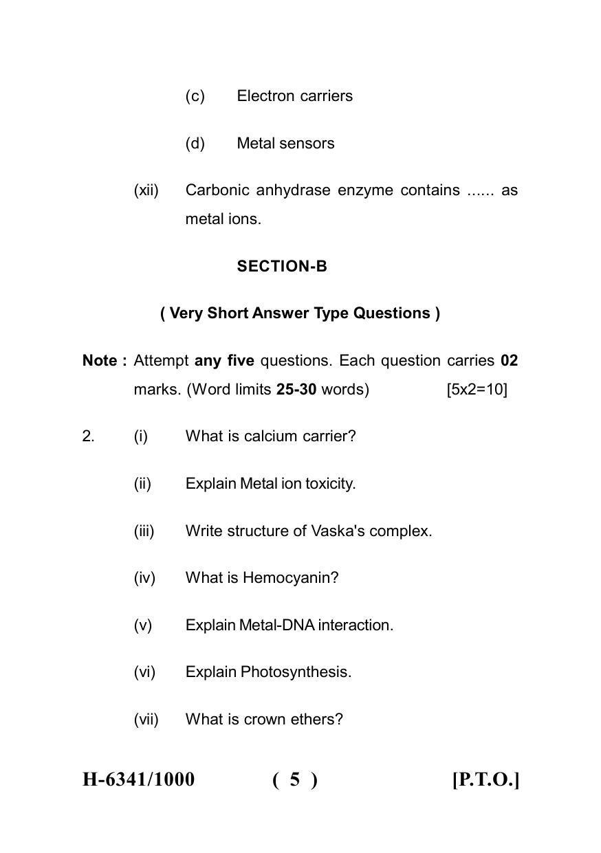 Sarguja University Question Paper July-2022 : M.Sc. Chemistry (Fourth sem.) Bio- Inorganic Chemistry Paper 1 - Page 5