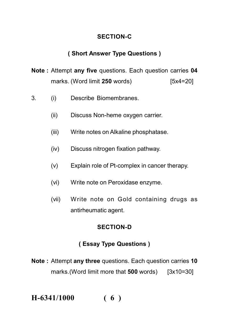 Sarguja University Question Paper July-2022 : M.Sc. Chemistry (Fourth sem.) Bio- Inorganic Chemistry Paper 1 - Page 6