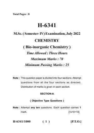 Sarguja University Question Paper July-2022 :  M.Sc. Chemistry (Fourth sem.) Bio- Inorganic Chemistry Paper 1