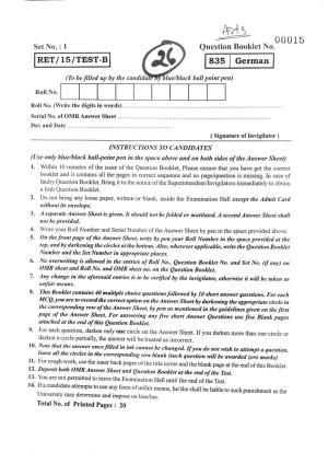BHU RET GERMAN ARTS 2015 Question Paper