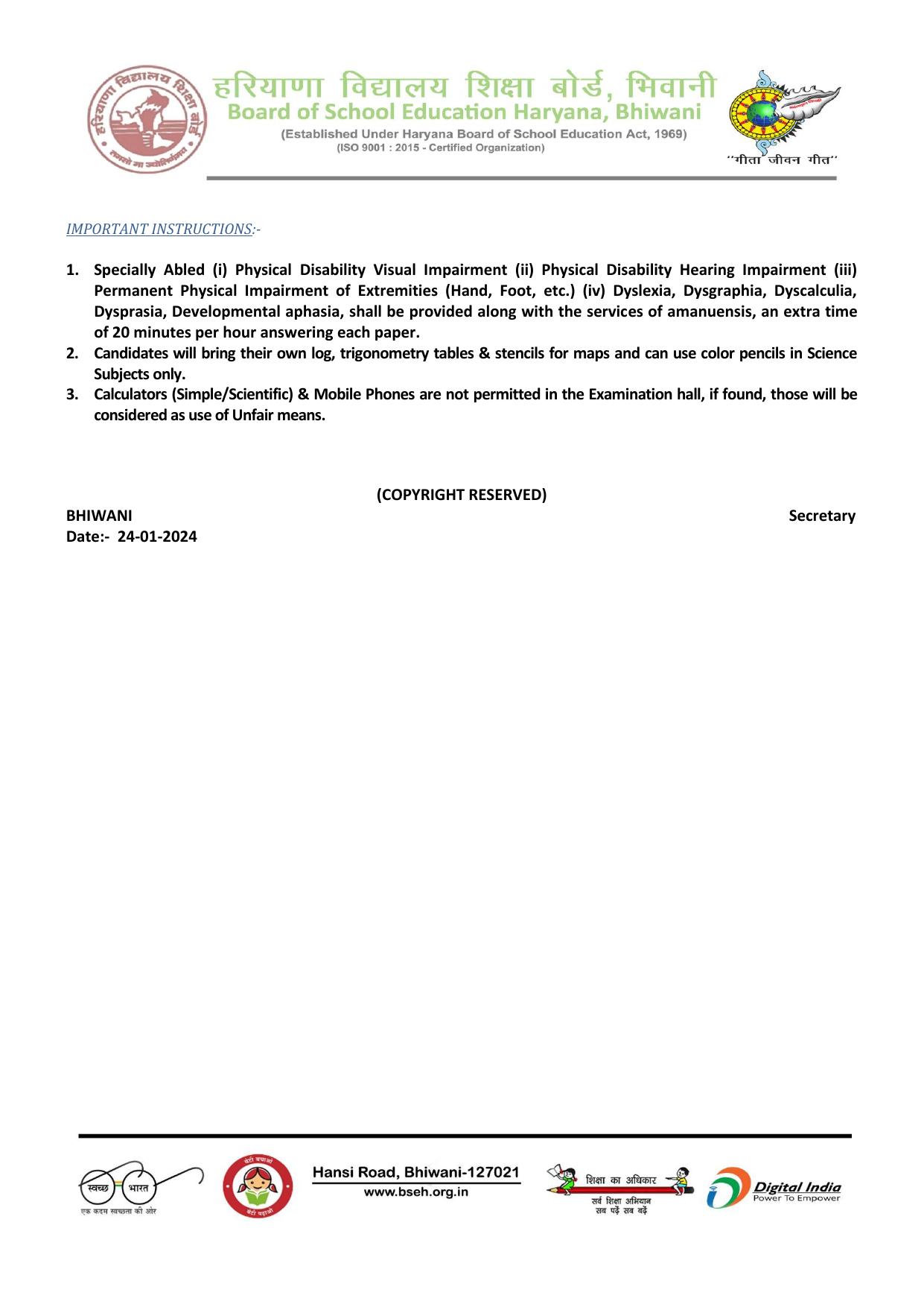 HBSE Class 9th & 11th Date Sheet - Page 3