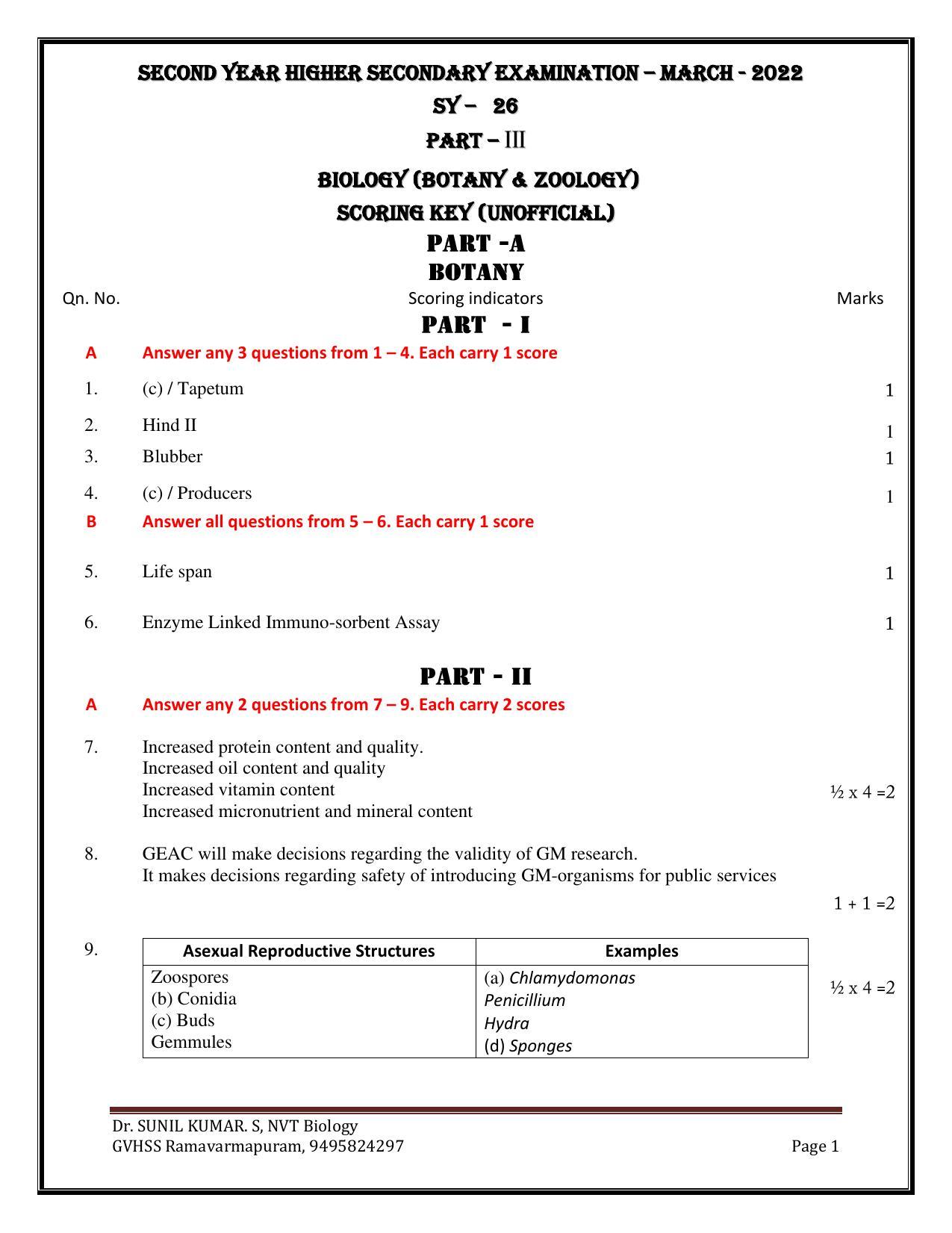 Kerala Plus Two 2022 Botany Answer Key - Page 1
