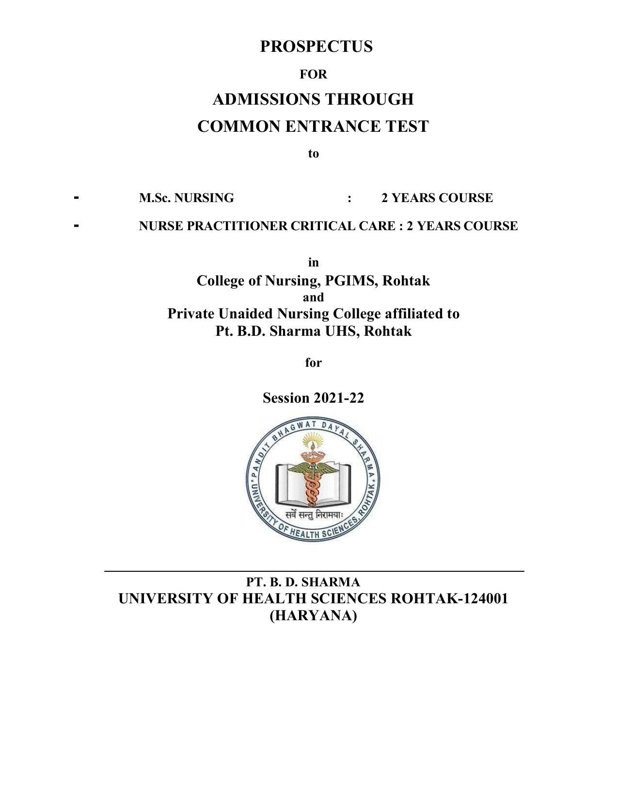 Pandit Bhagwat Dayal Sharma University of Health Sciences, Rohtak Admission Prospectus 2021-22 - Page 1