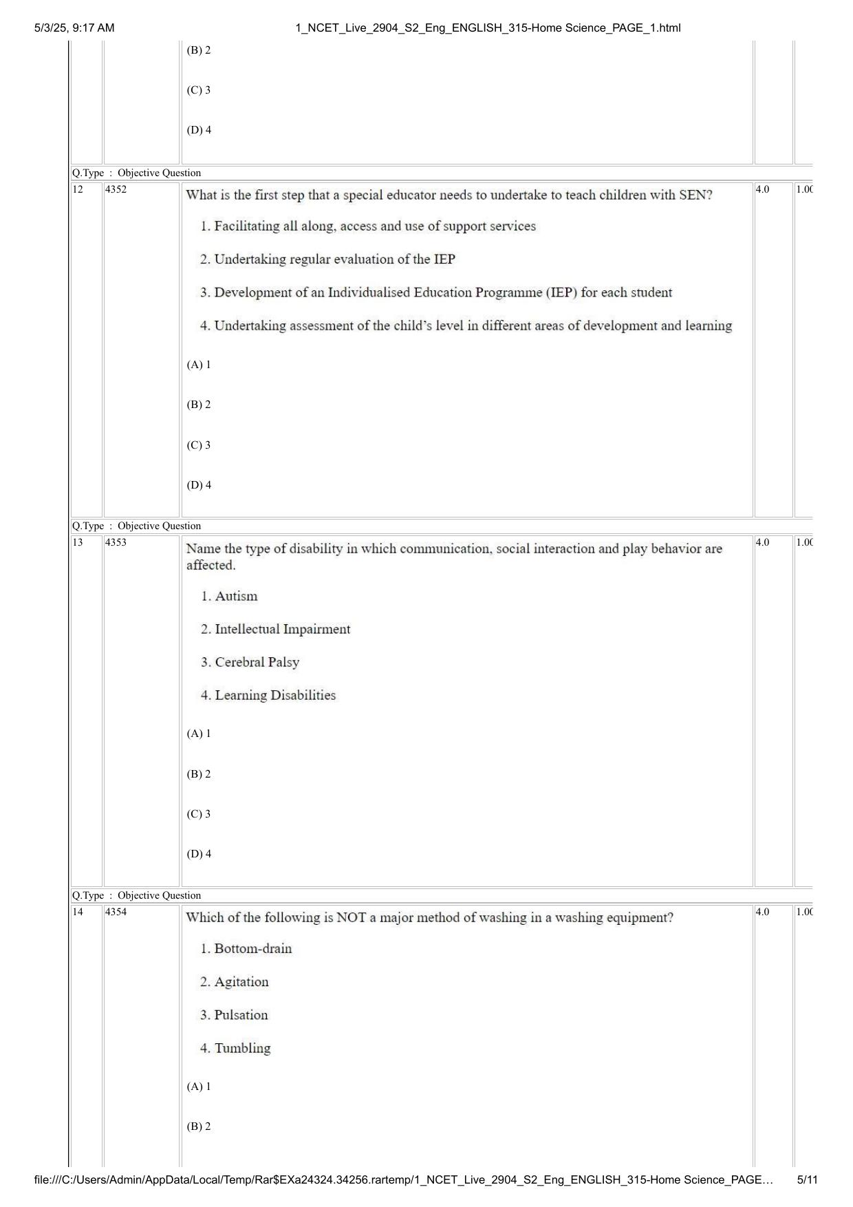 NCET 2025 Question Paper - Home Science - Page 5