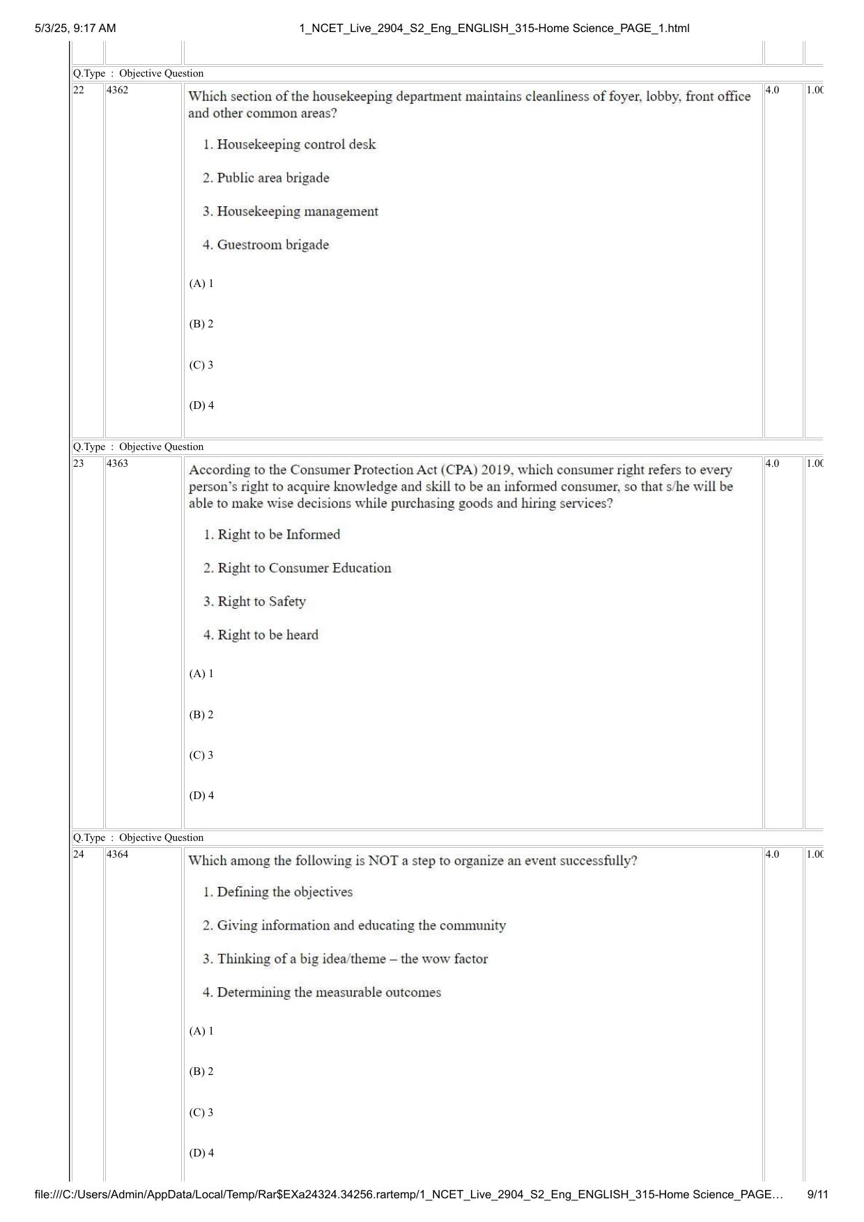 NCET 2025 Question Paper - Home Science - Page 9
