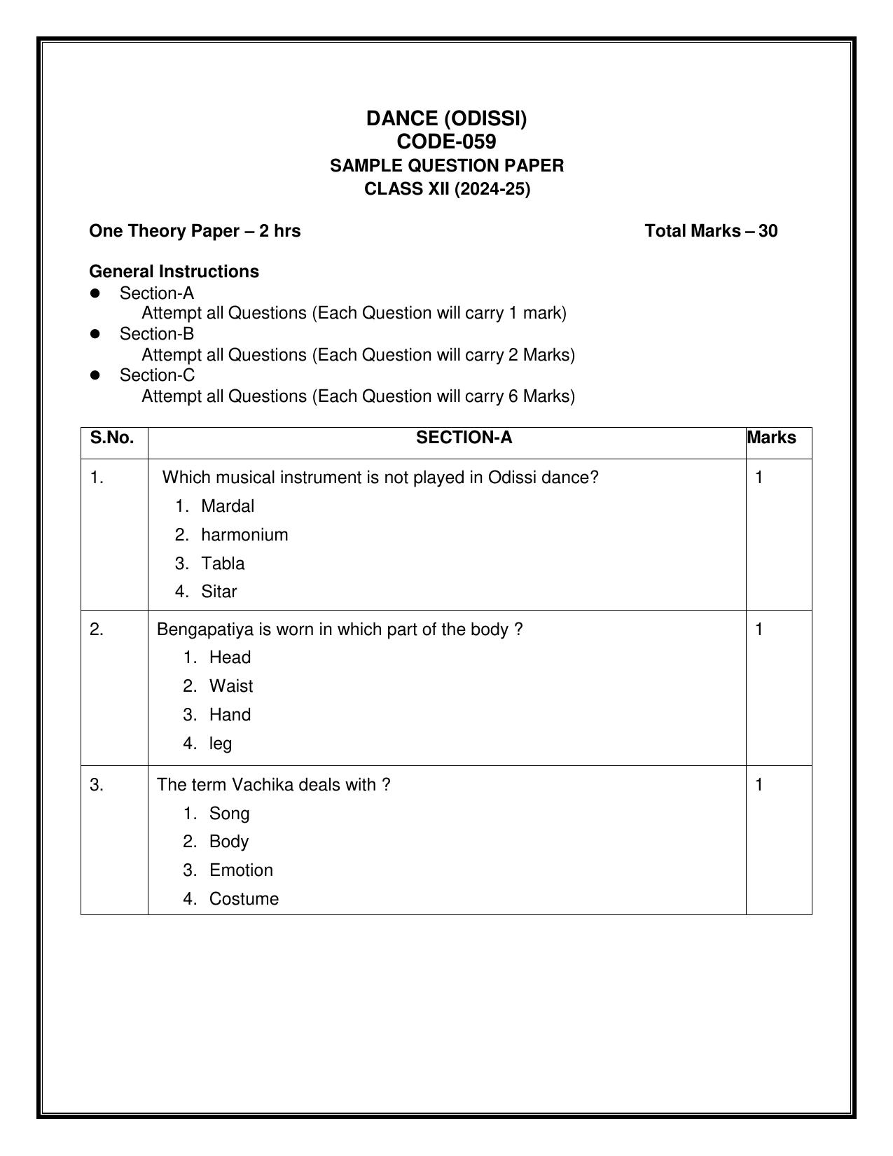 CBSE Class 12 Dance Odissi Sample Question Paper 2024-25 - Page 1