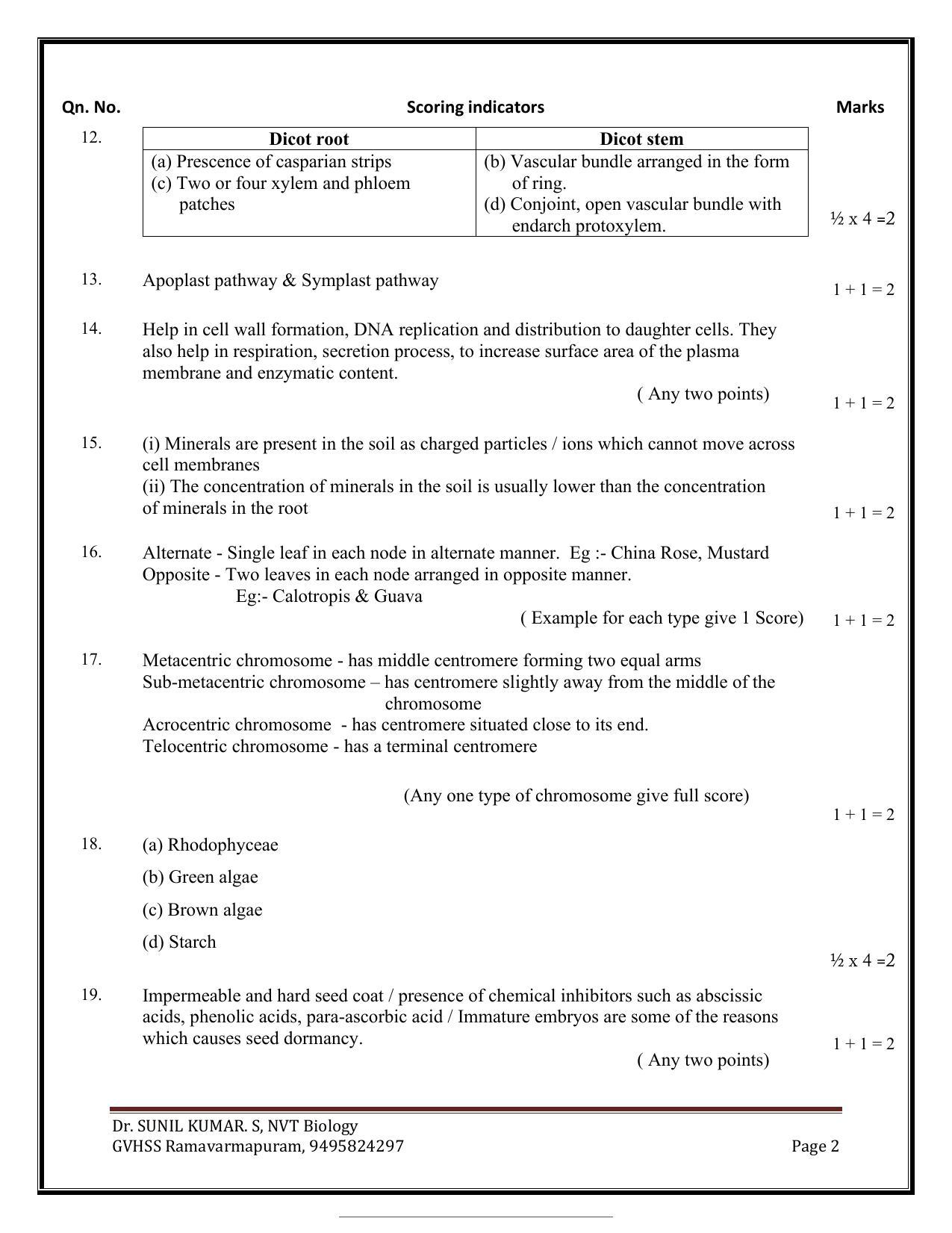 Kerala Plus One 2021-22 Biology (Botany&Zoology) Answer Key - Page 2