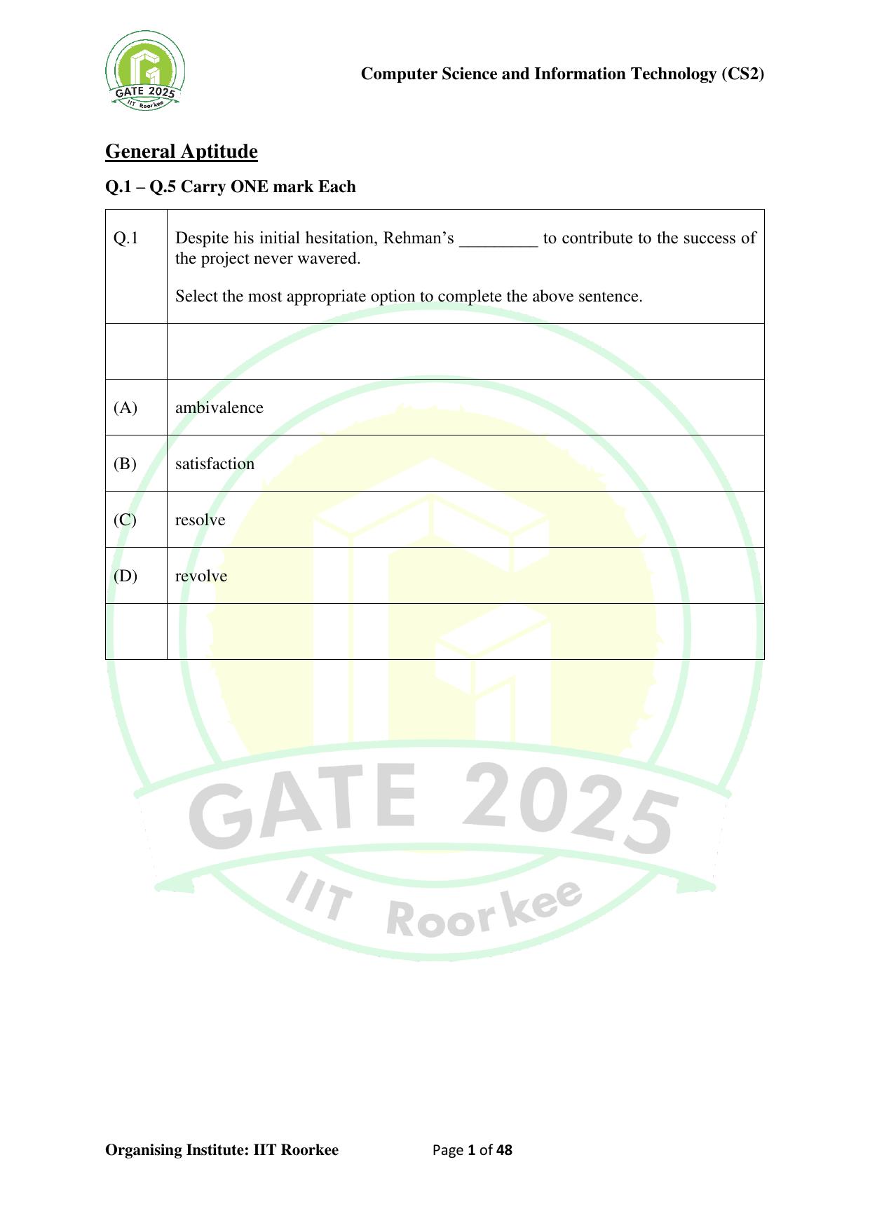 GATE 2025 Computer Science and Information Technology (CS-2) (Afternoon) Question Paper - Page 1