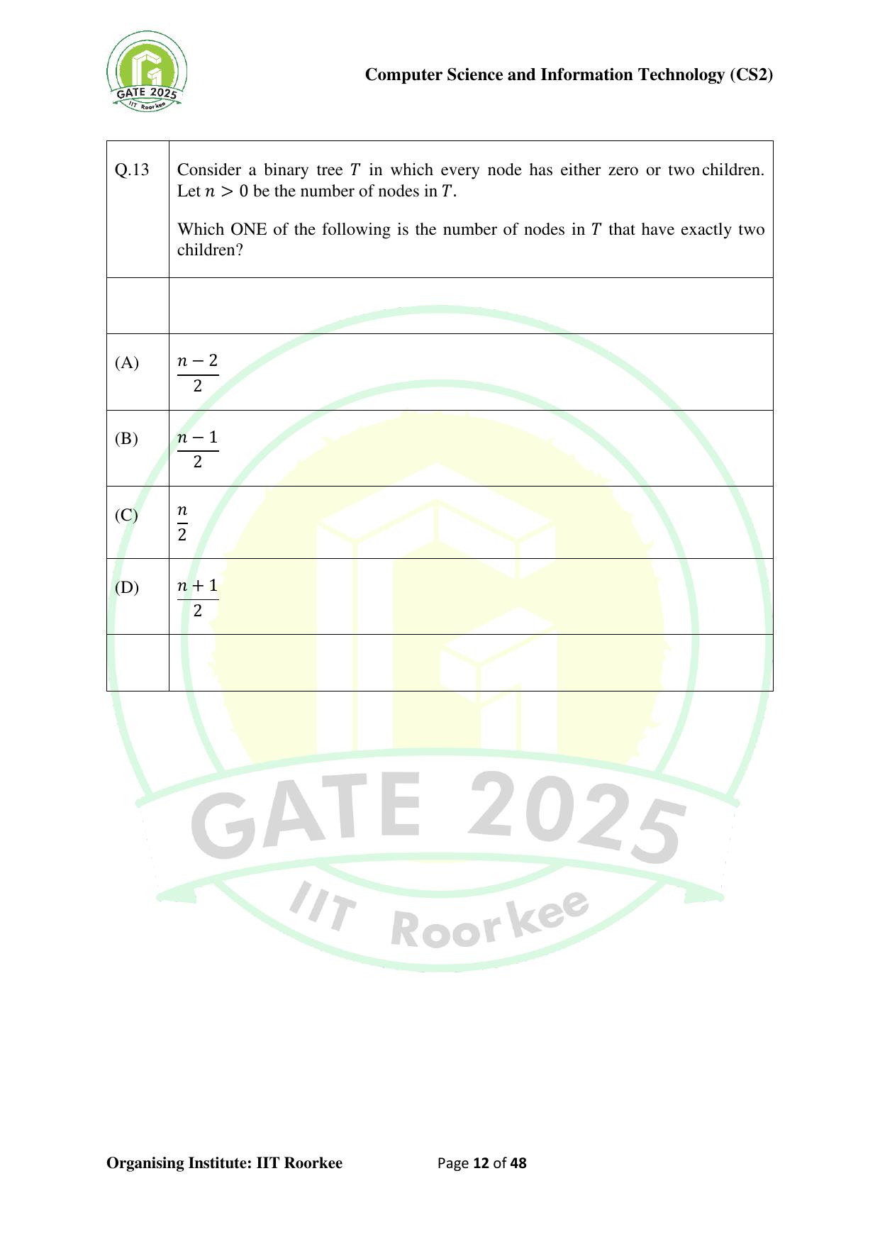 GATE 2025 Computer Science and Information Technology (CS-2) (Afternoon) Question Paper - Page 12