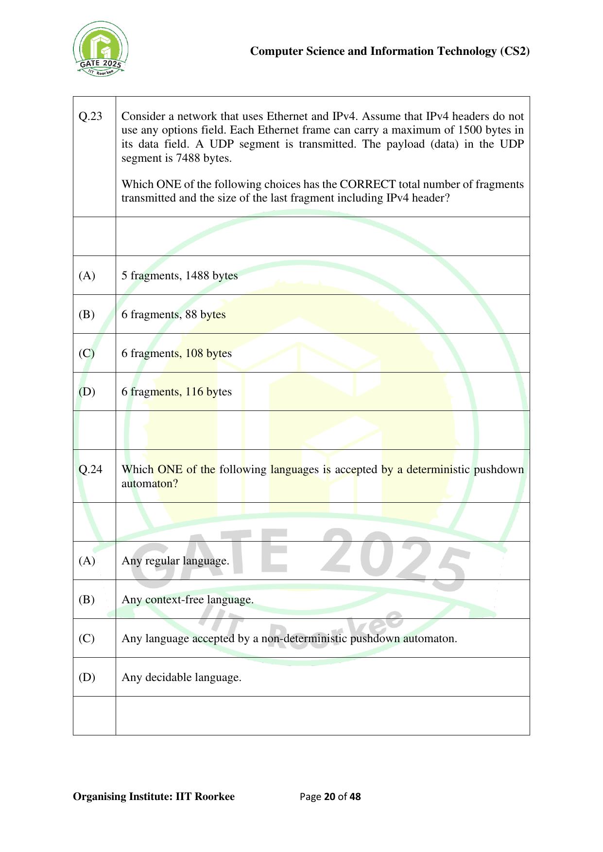 GATE 2025 Computer Science and Information Technology (CS-2) (Afternoon) Question Paper - Page 20