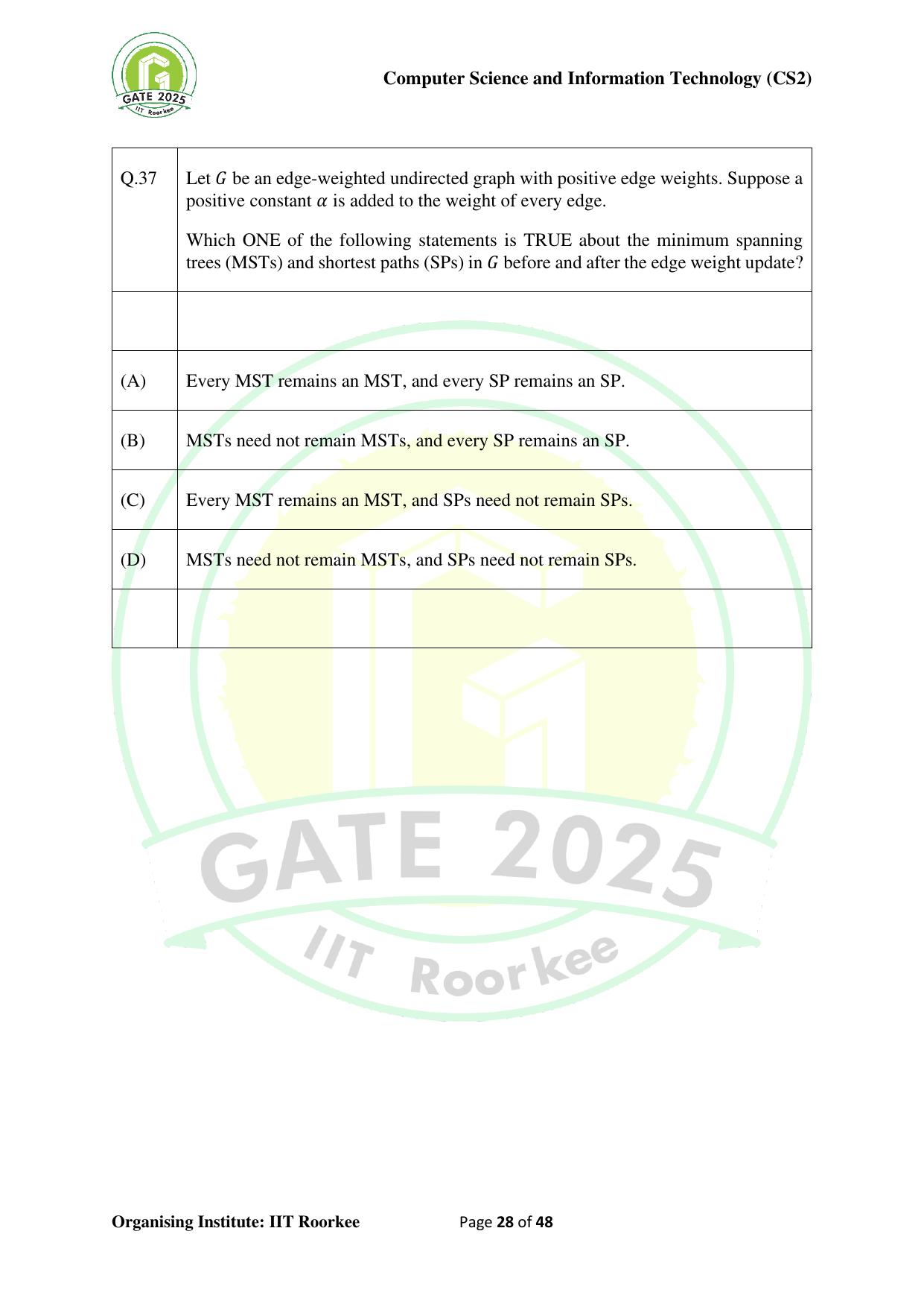 GATE 2025 Computer Science and Information Technology (CS-2) (Afternoon) Question Paper - Page 28