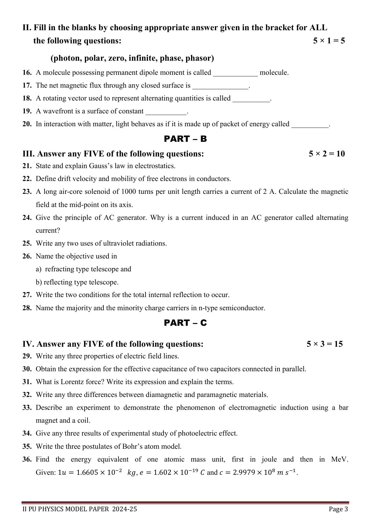 Karnataka II PUC Physics Model Question Paper I 2025 - Page 3