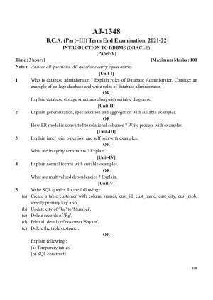 Bilaspur University Question Paper 2021-2022: B.C.A. Part-III (Three) (New Course) Introduction To RDBMS (Oracle) Paper 1