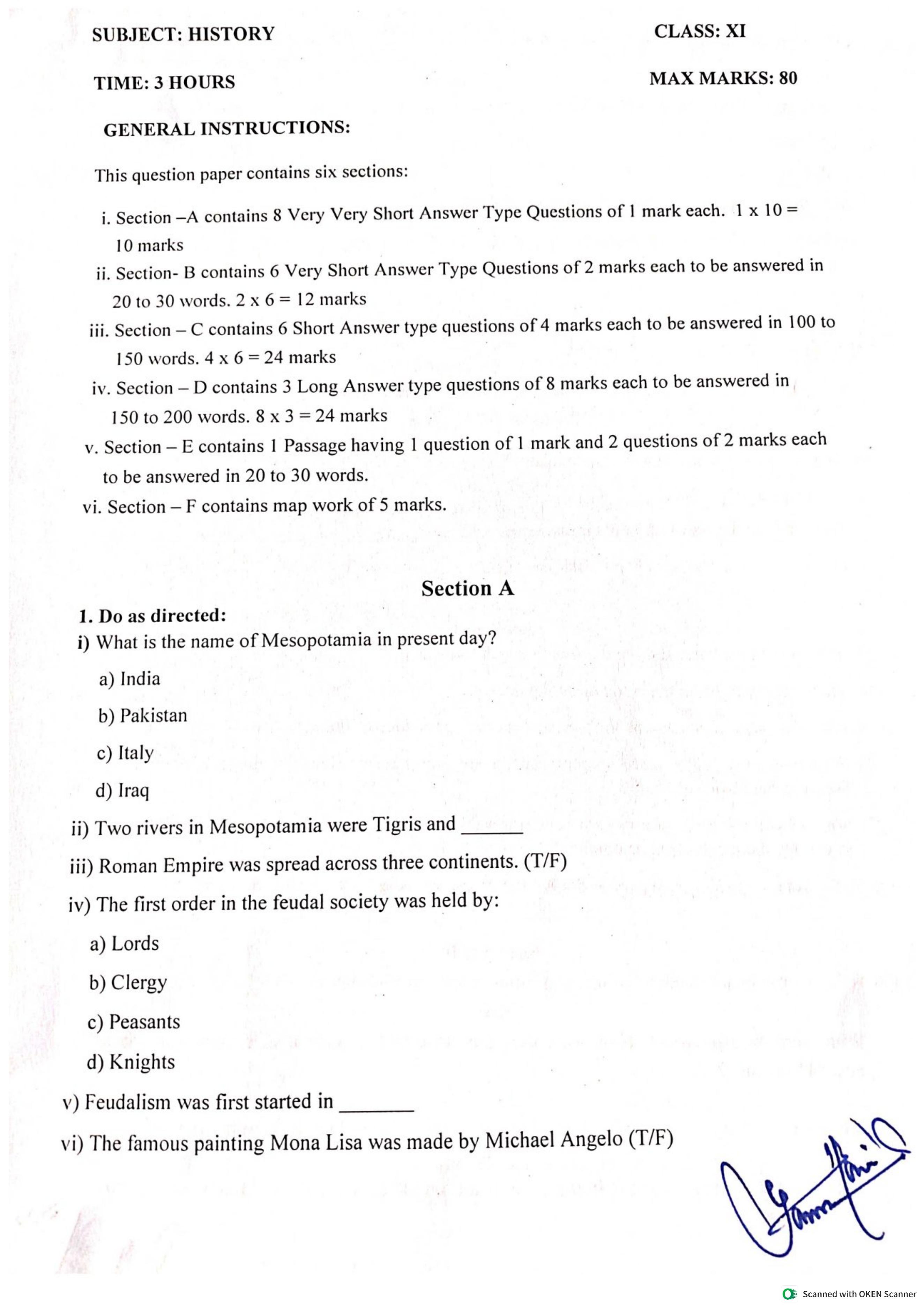 JKBOSE Class 11 History Model Question Paper - Page 1