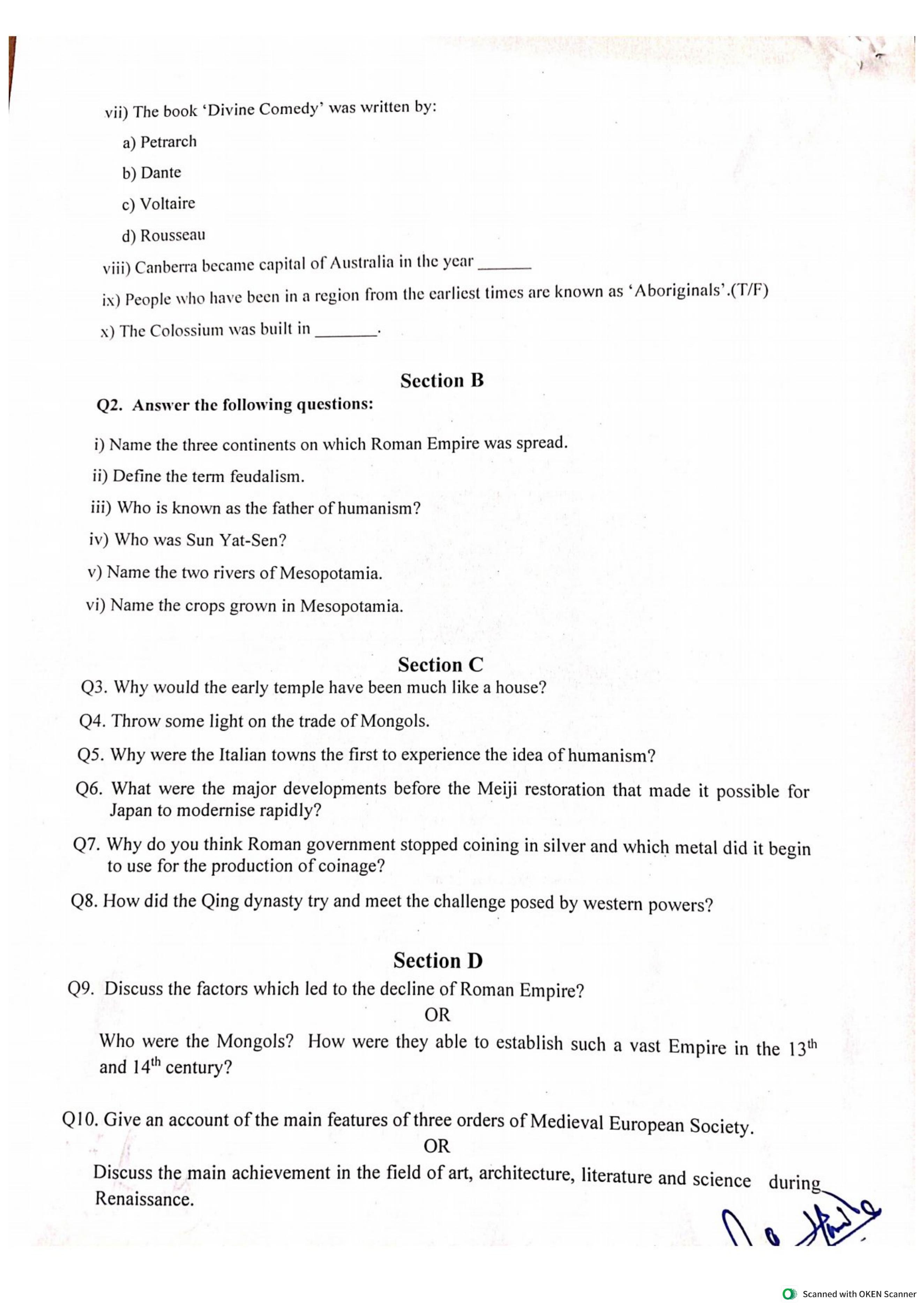JKBOSE Class 11 History Model Question Paper - Page 2
