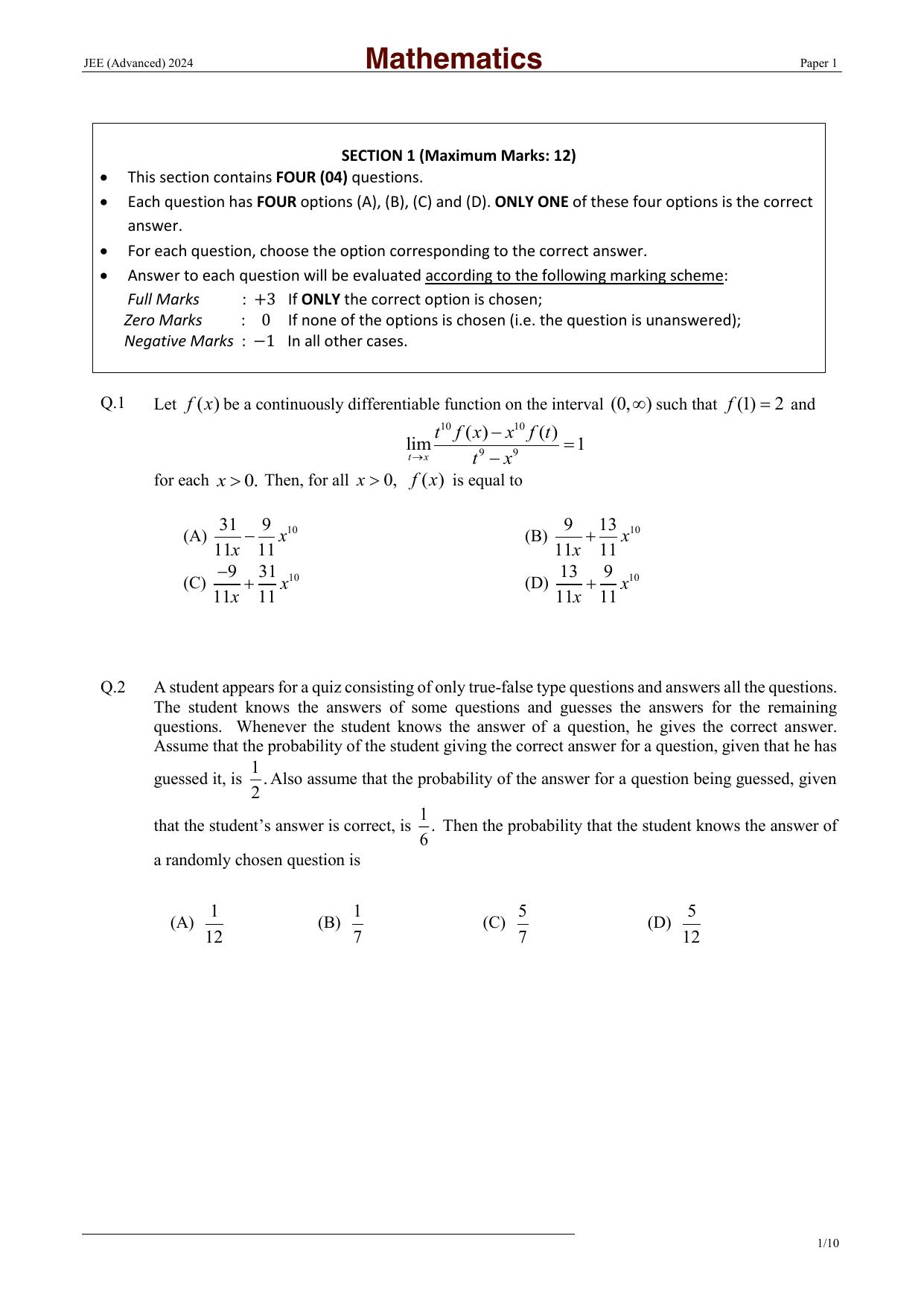 JEE (Advanced) 2024 Paper I - Mathematics Question Paper - Page 1