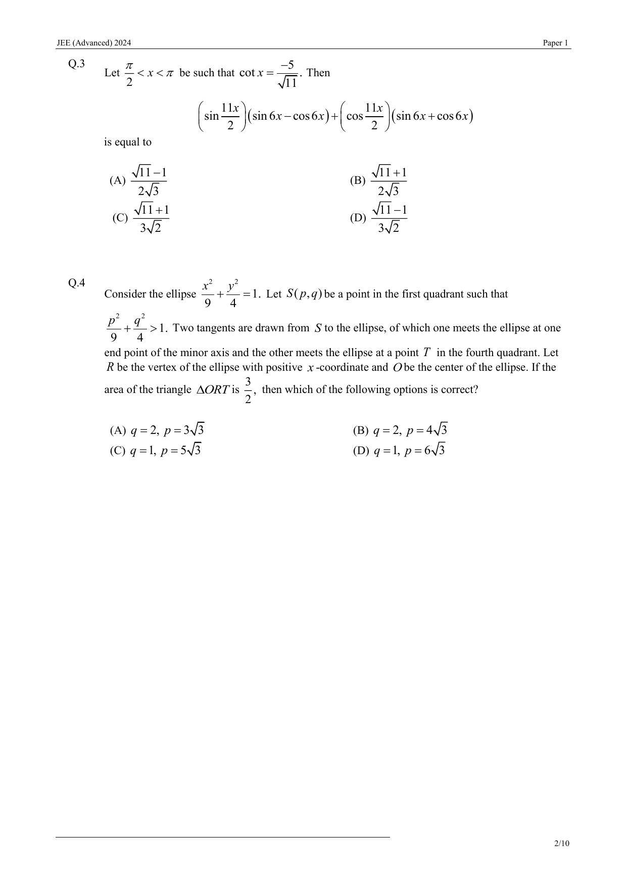 JEE (Advanced) 2024 Paper I - Mathematics Question Paper - Page 2