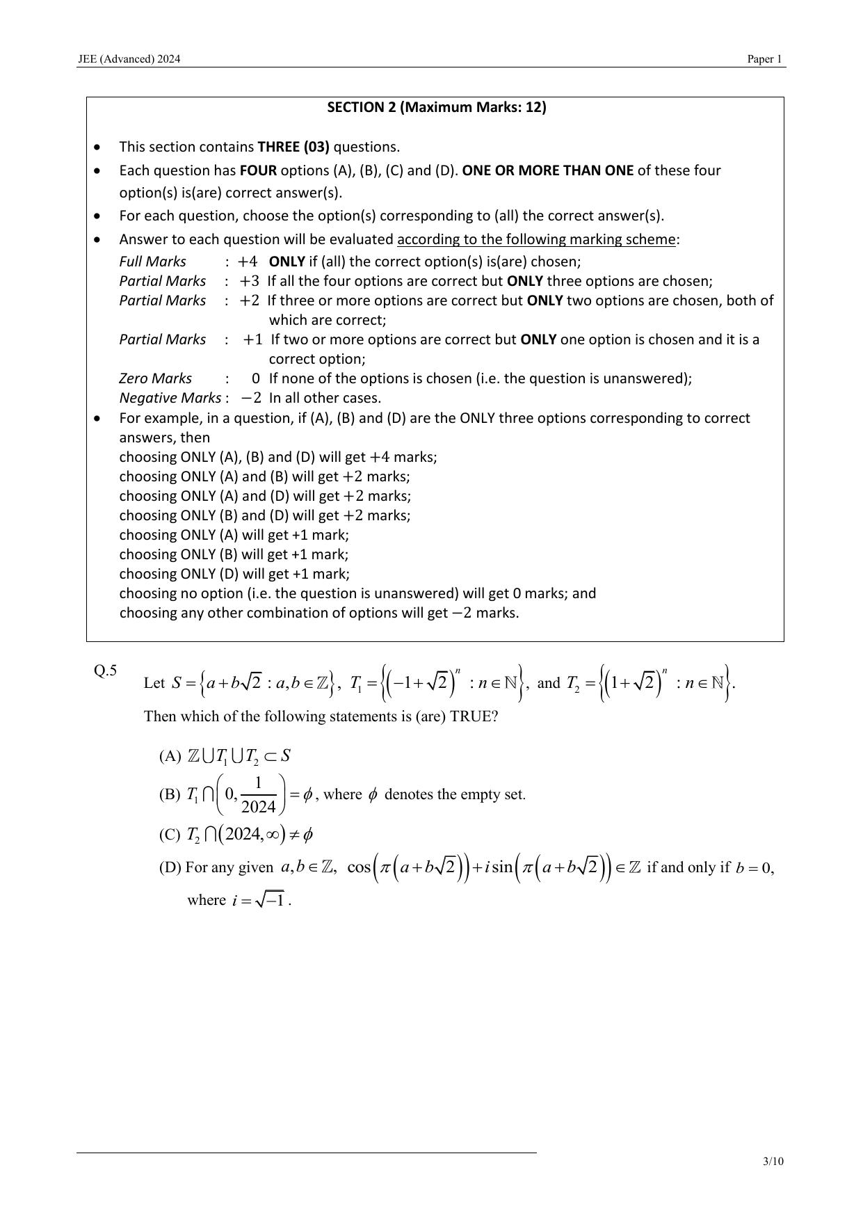JEE (Advanced) 2024 Paper I - Mathematics Question Paper - Page 3