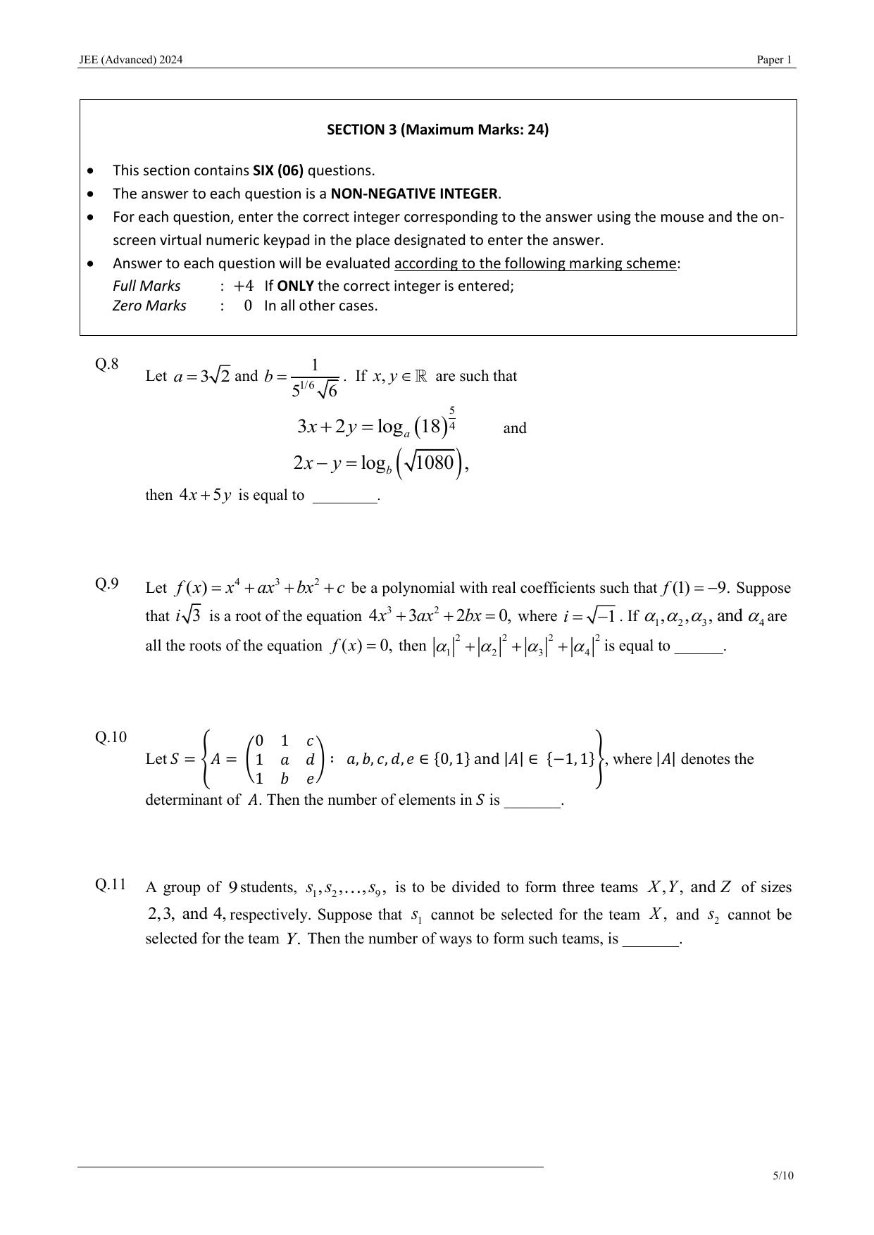 JEE (Advanced) 2024 Paper I - Mathematics Question Paper - Page 5