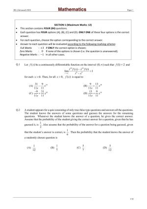JEE (Advanced) 2024 Paper I - Mathematics Question Paper