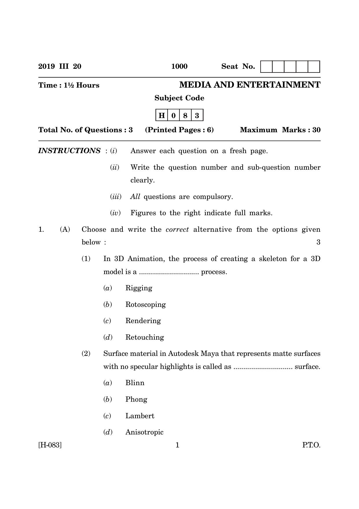 Goa Board Class 12 Media & Entertainment (March 2019_0) Question Paper - Page 1